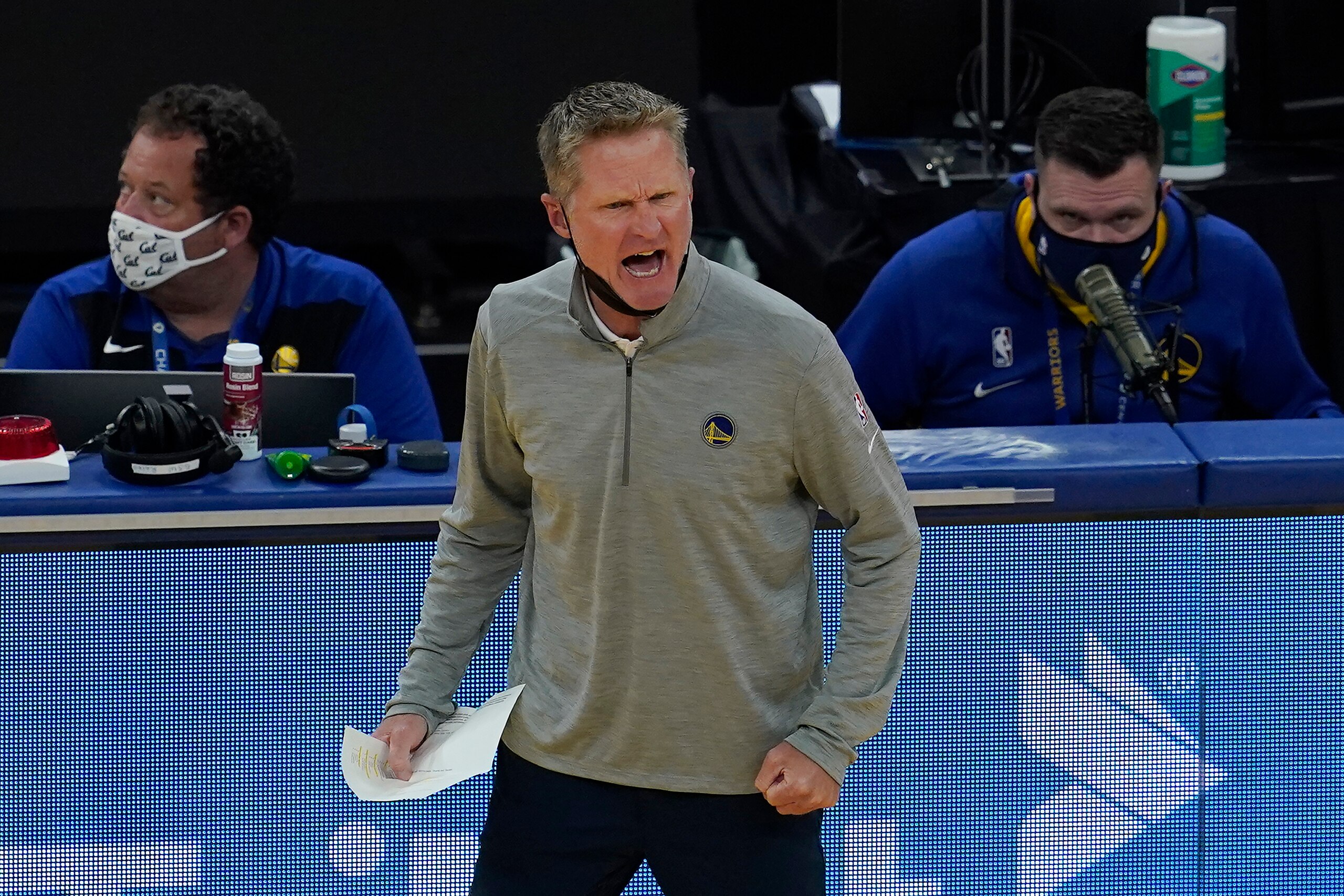 Golden State Warriors head coach Steve Kerr reacts during the first half of his team's NBA basketball game against the Phoenix Suns in San Francisco, Tuesday, May 11, 2021. (AP Photo/Jeff Chiu) Golden State Warriors head coach Steve Kerr reacts during the first half of his team's NBA basketball game against the Phoenix Suns in San Francisco, Tuesday, May 11, 2021. (AP Photo/Jeff Chiu)