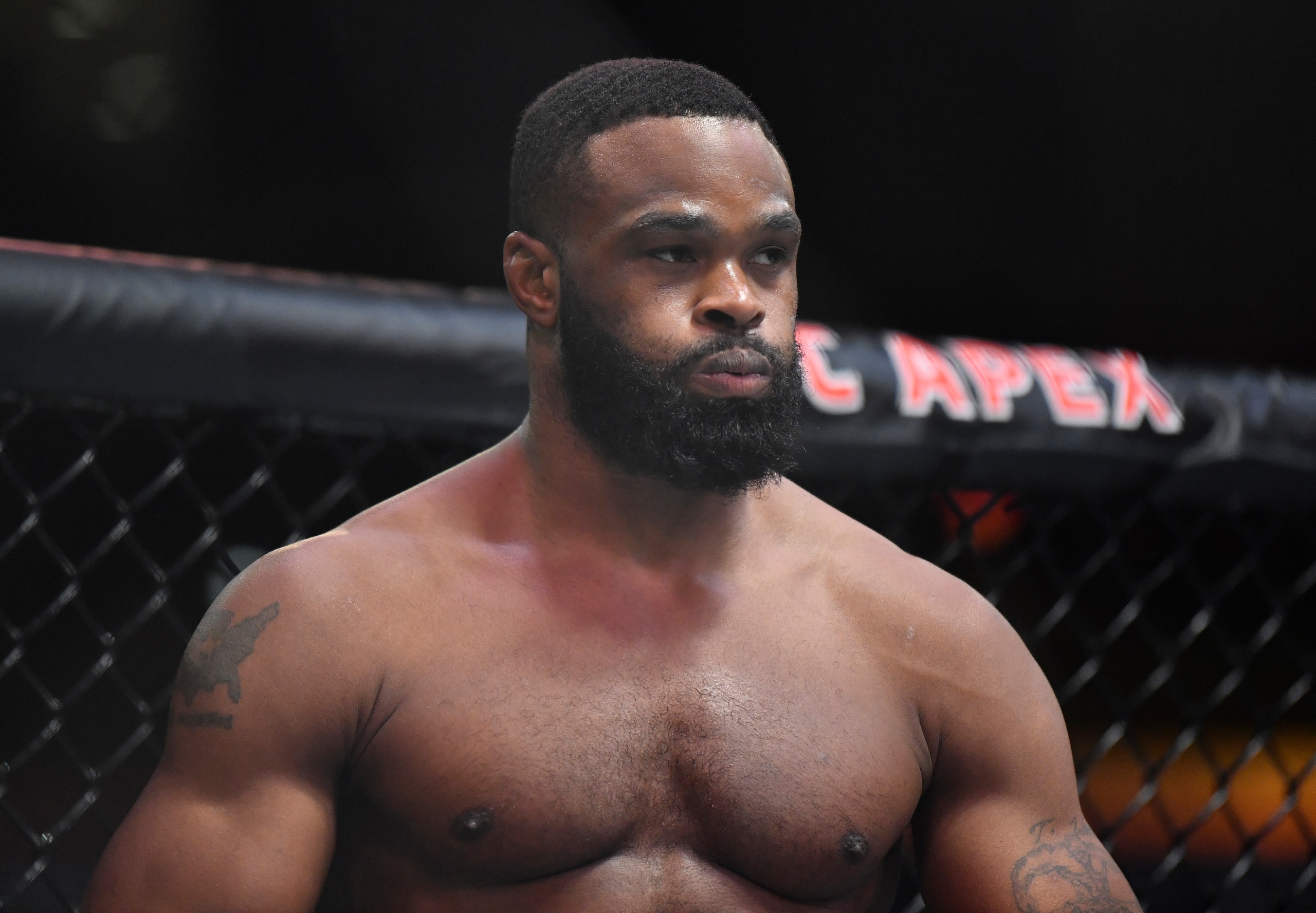 LAS VEGAS, NEVADA - MARCH 27: Tyron Woodley prepares to fight Vicente Luque in their welterweight fight during the UFC 260 event at UFC APEX on March 27, 2021 in Las Vegas, Nevada. (Photo by Chris Unger/Zuffa LLC)