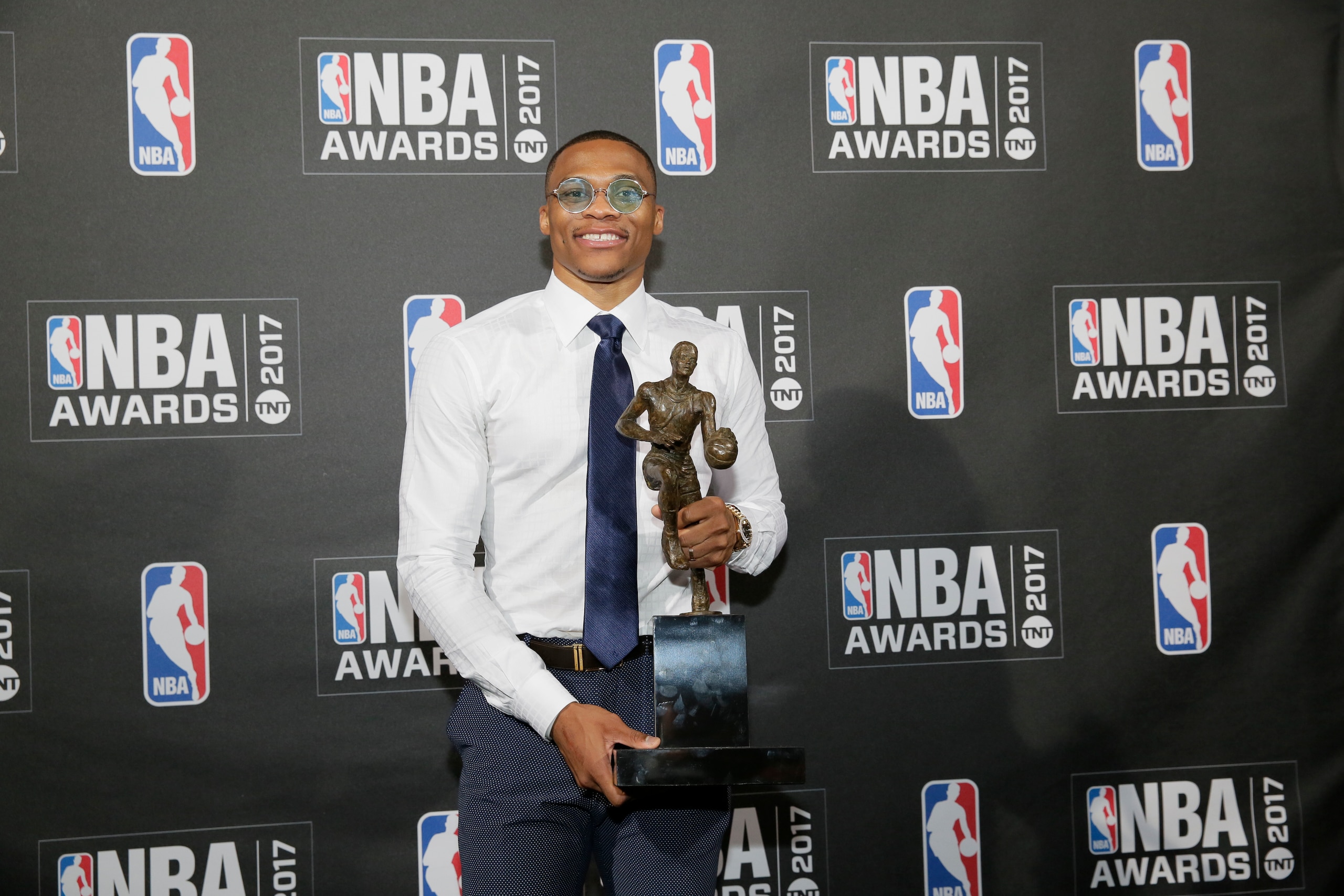 NEW YORK - JUNE 26: Russell Westbrook of the Oklahoma City Thunder after winning the Most Valuable Player of the Year award at the 2017 NBA Awards Show on June 26, 2017 at Basketball City in New York City. NOTE TO USER: User expressly acknowledges and agrees that, by downloading and/or using this photograph, user is consenting to the terms and conditions of the Getty Images License Agreement.  Mandatory Copyright Notice: Copyright 2017 NBAE (Photo by Steven Freeman/NBAE via Getty Images)
