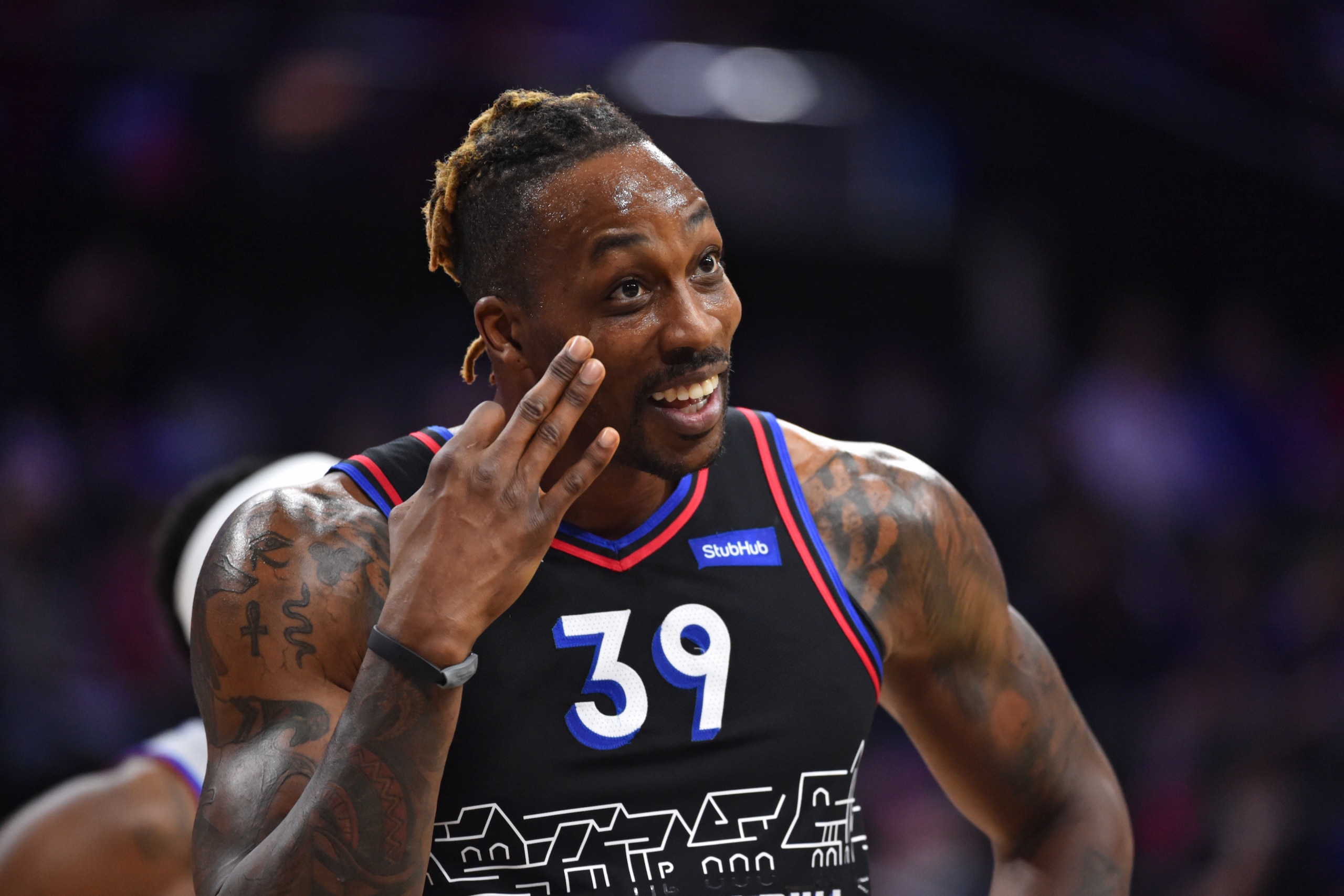 PHILADELPHIA, PA - MAY 8: Dwight Howard #39 of the Philadelphia 76ers celebrates during a game against the Detroit Pistons on May 8, 2021 at Wells Fargo Center in Philadelphia, Pennsylvania. NOTE TO USER: User expressly acknowledges and agrees that, by downloading and/or using this Photograph, user is consenting to the terms and conditions of the Getty Images License Agreement. Mandatory Copyright Notice: Copyright 2021 NBAE (Photo by Jesse D. Garrabrant/NBAE via Getty Images)