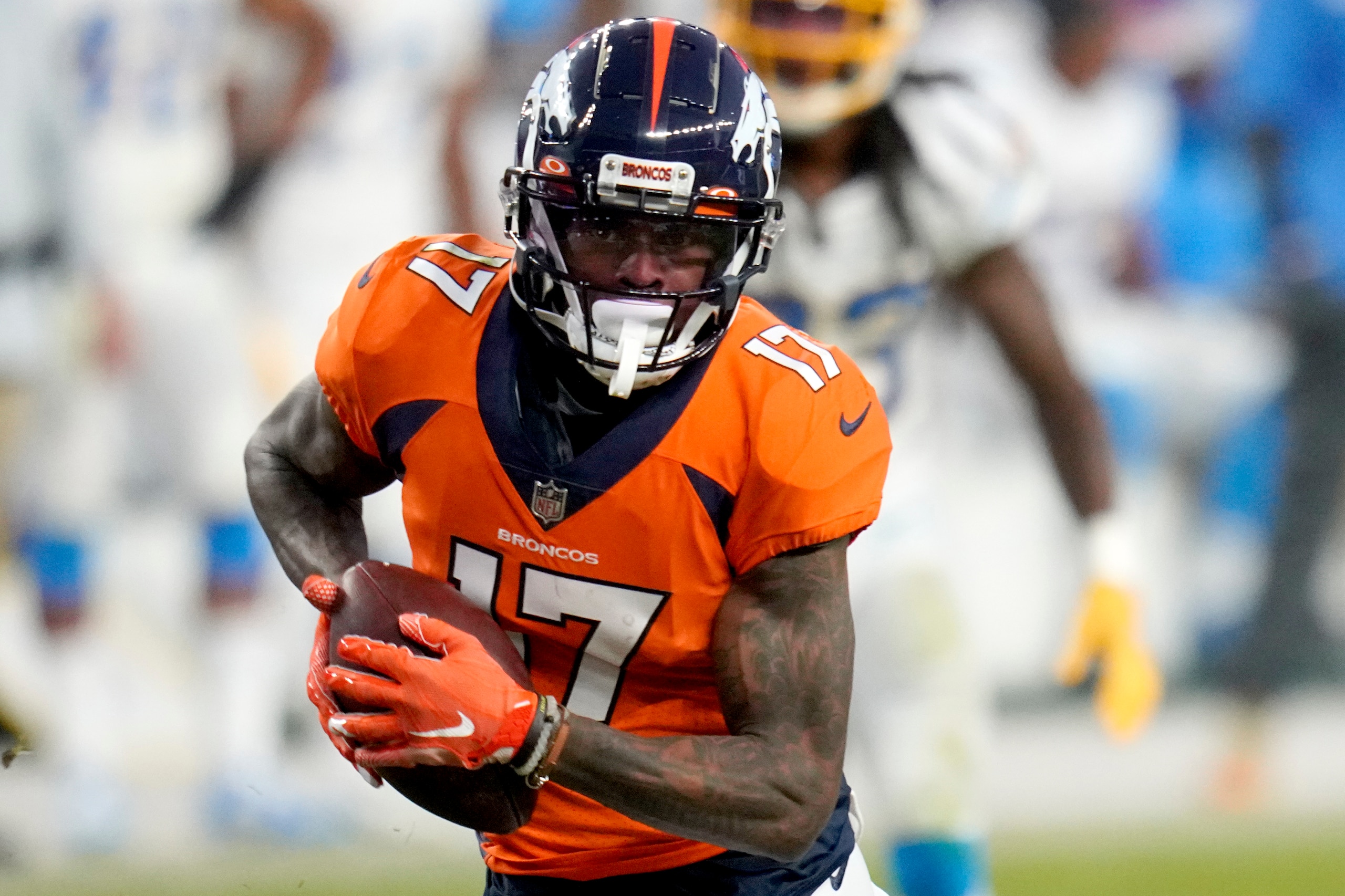 Denver Broncos wide receiver DaeSean Hamilton (17) scores a touchdown against the Los Angeles Chargers during the second half of an NFL football game, Sunday, Nov. 1, 2020, in Denver. (AP Photo/Jack Dempsey)