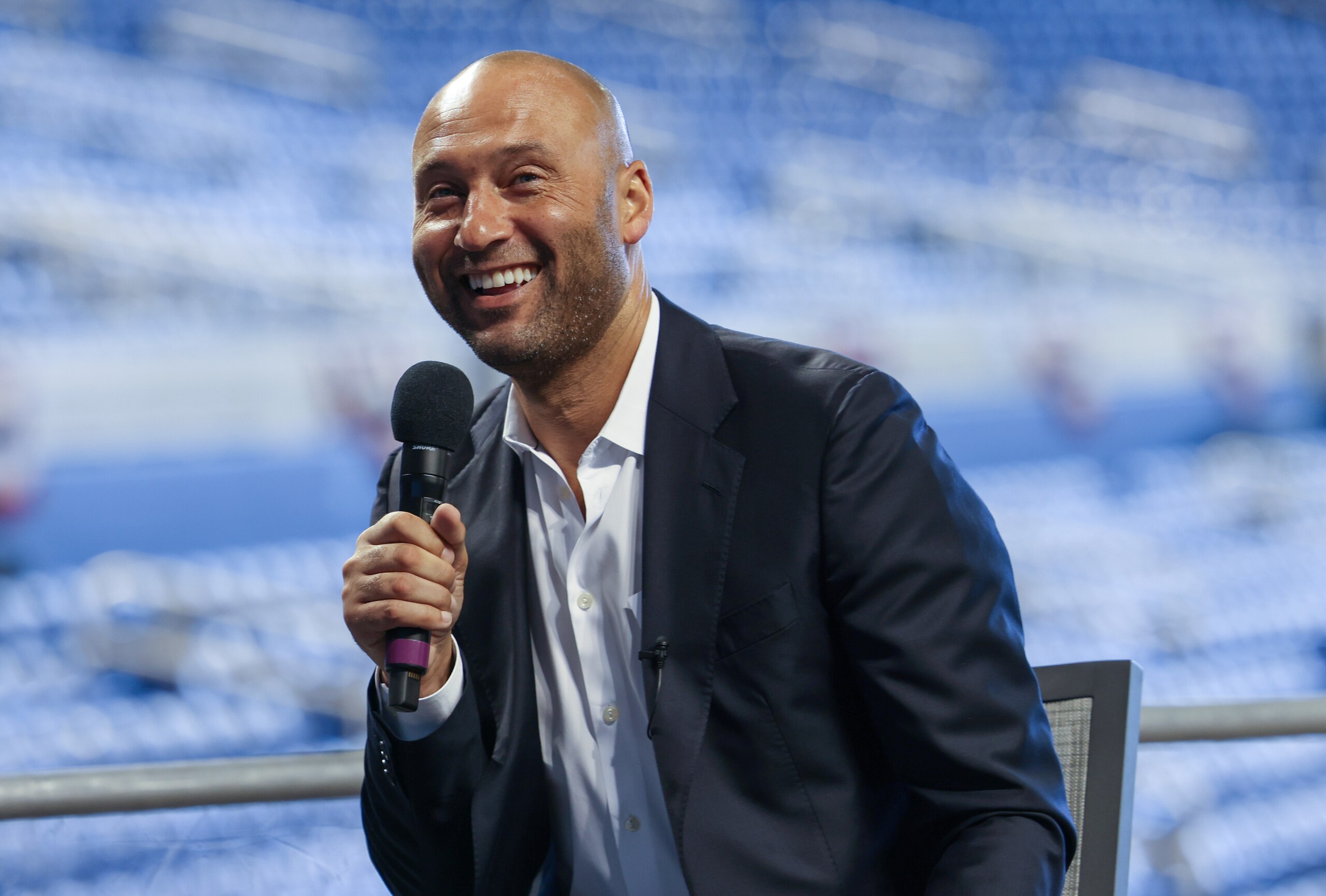 MIAMI, FLORIDA - MARCH 31: CEO of the Miami Marlins Derek Jeter speaks to the media to announce loanDepot as the exclusive naming rights partner for loanDepot park, formerly known as Marlins Park, on March 31, 2021 in Miami, Florida. (Photo by Mark Brown/Getty Images)