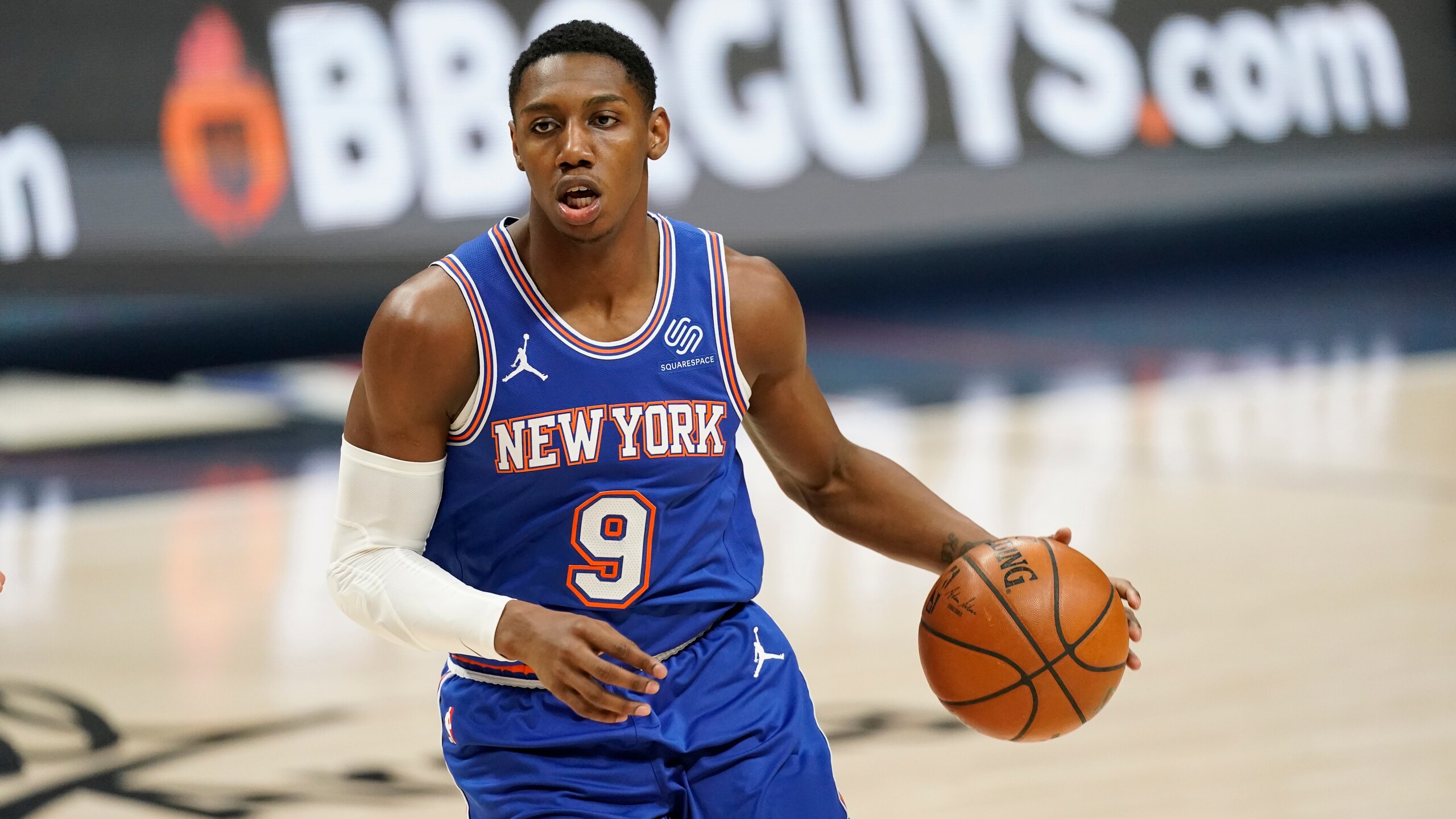 New York Knicks guard RJ Barrett (9) in the second half of an NBA basketball game Wednesday, May 5, 2021, in Denver. (AP Photo/David Zalubowski)