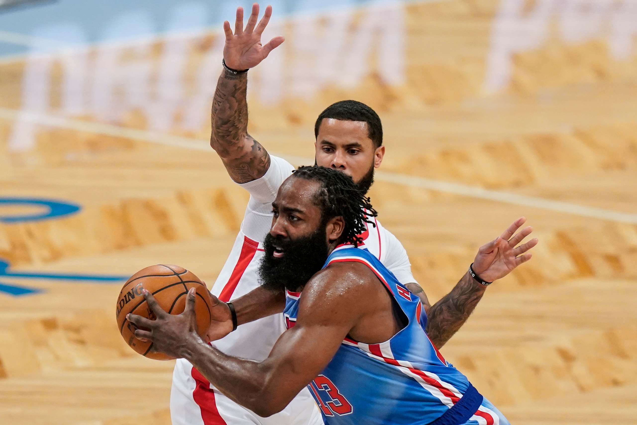 Brooklyn Nets' James Harden drives past Houston Rockets' D.J. Augustin during the first half of an NBA basketball game Wednesday, March 31, 2021, in New York. (AP Photo/Frank Franklin II) Brooklyn Nets' James Harden drives past Houston Rockets' D.J. Augustin during the first half of an NBA basketball game Wednesday, March 31, 2021, in New York. (AP Photo/Frank Franklin II)