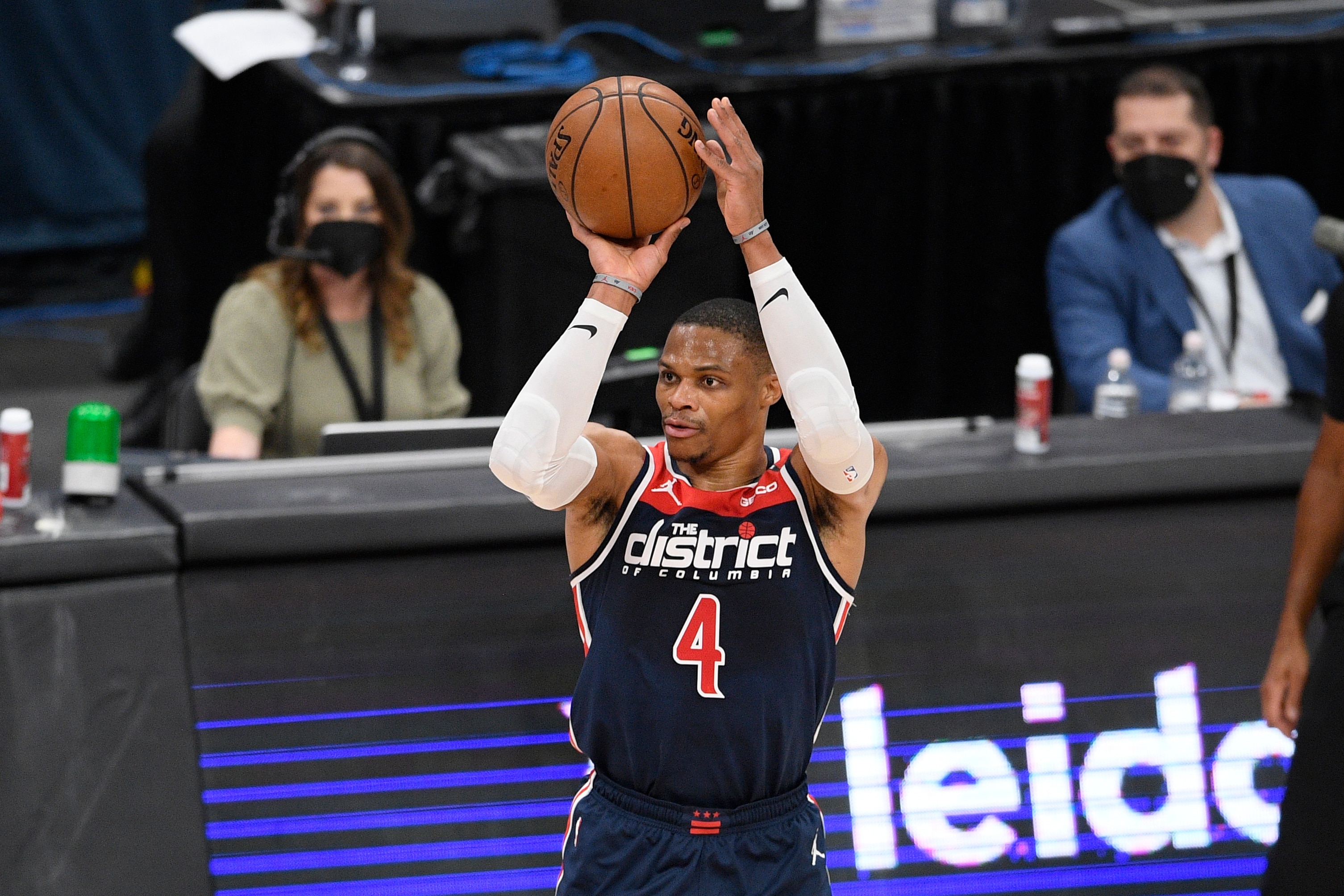 Washington Wizards guard Russell Westbrook shoots during the first half of the team's NBA basketball game against the Cleveland Cavaliers, Friday, May 14, 2021, in Washington. (AP Photo/Nick Wass)