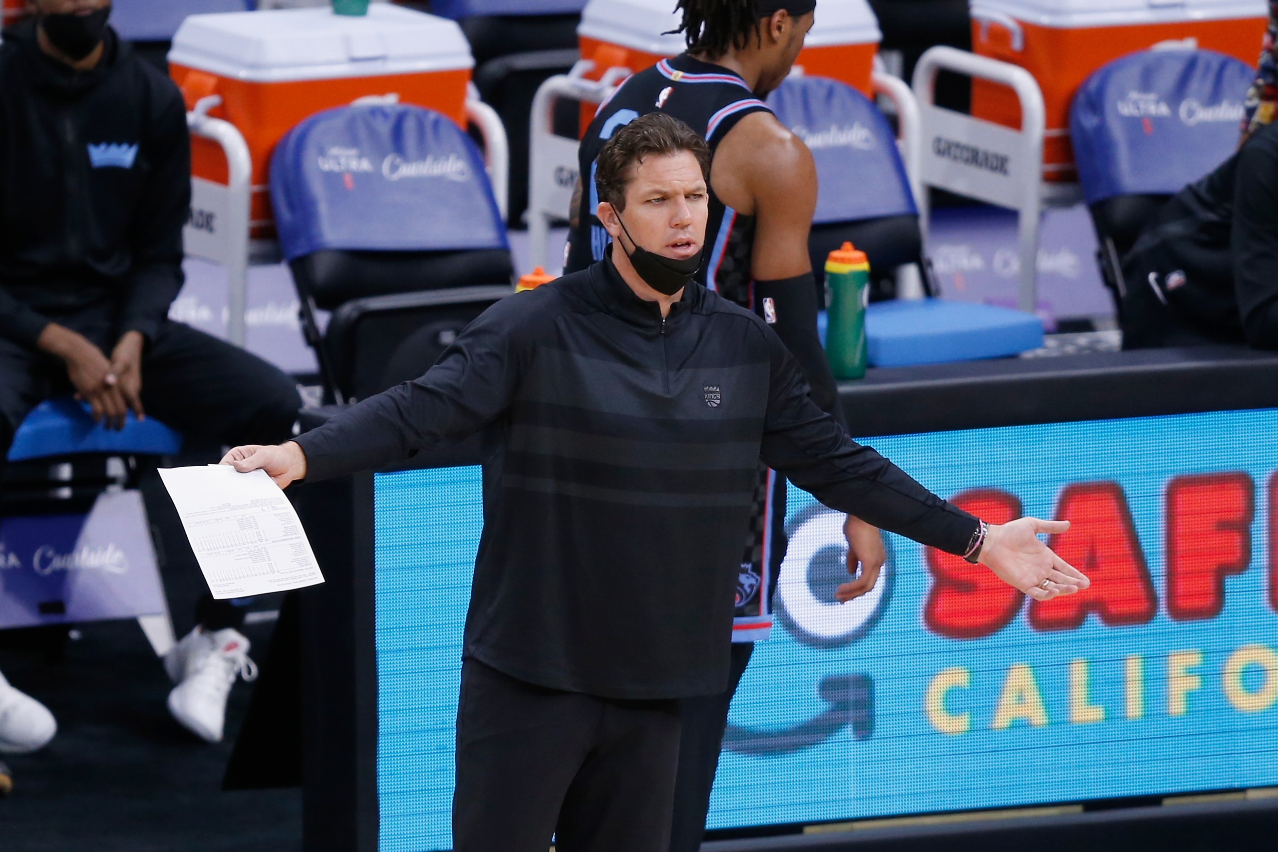 SACRAMENTO, CALIFORNIA - MAY 11: Luke Walton # of the Sacramento Kings looks on in the first quarter against the Oklahoma City Thunder at Golden 1 Center on May 11, 2021 in Sacramento, California. NOTE TO USER: User expressly acknowledges and agrees that, by downloading and or using this photograph, User is consenting to the terms and conditions of the Getty Images License Agreement. (Photo by Lachlan Cunningham/Getty Images)