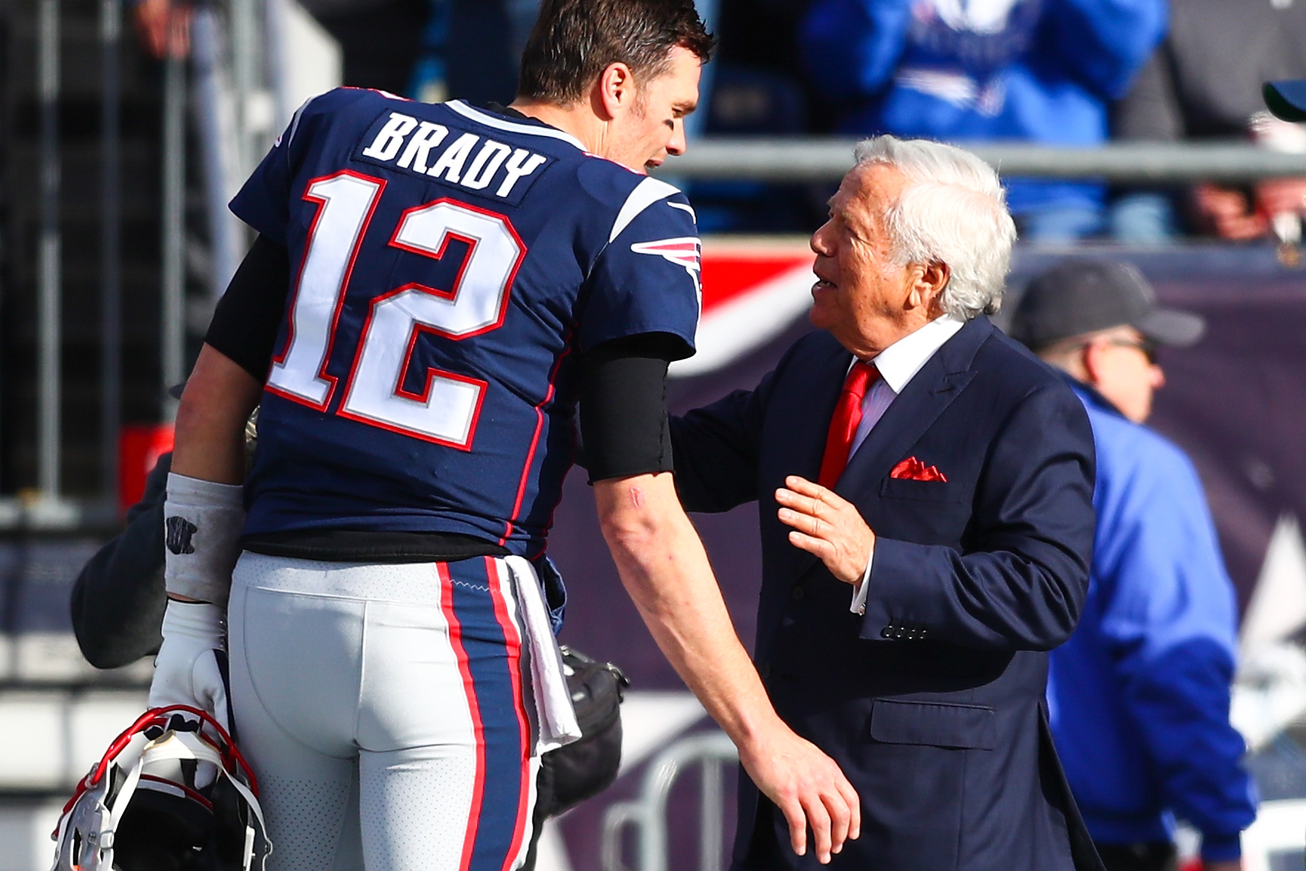 FOXBOROUGH, MA - DECEMBER 29:   Tom Brady #12 shakes the hand of owner Robert Kraft of the New England Patriots before a game against the Miami Dolphins at Gillette Stadium on December 29, 2019 in Foxborough, Massachusetts.  (Photo by Adam Glanzman/Getty Images)