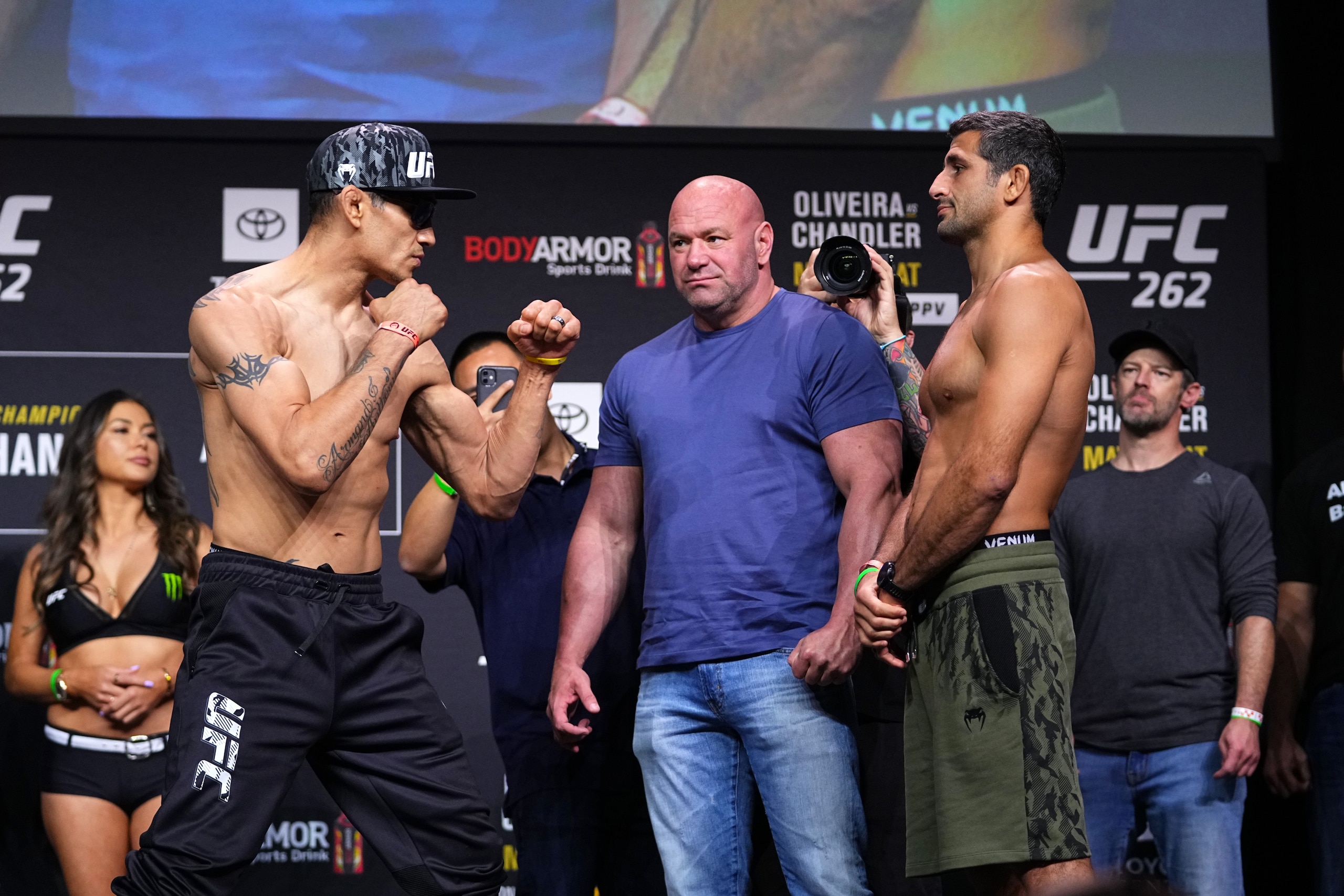 HOUSTON, TEXAS - MAY 14:  (L-R) Tony Ferguson and Beneil Dariush face off during the UFC 262 ceremonial weigh-in at George R. Brown Convention Center on May 14, 2021 in Houston, Texas. (Photo by Josh Hedges/Zuffa LLC)