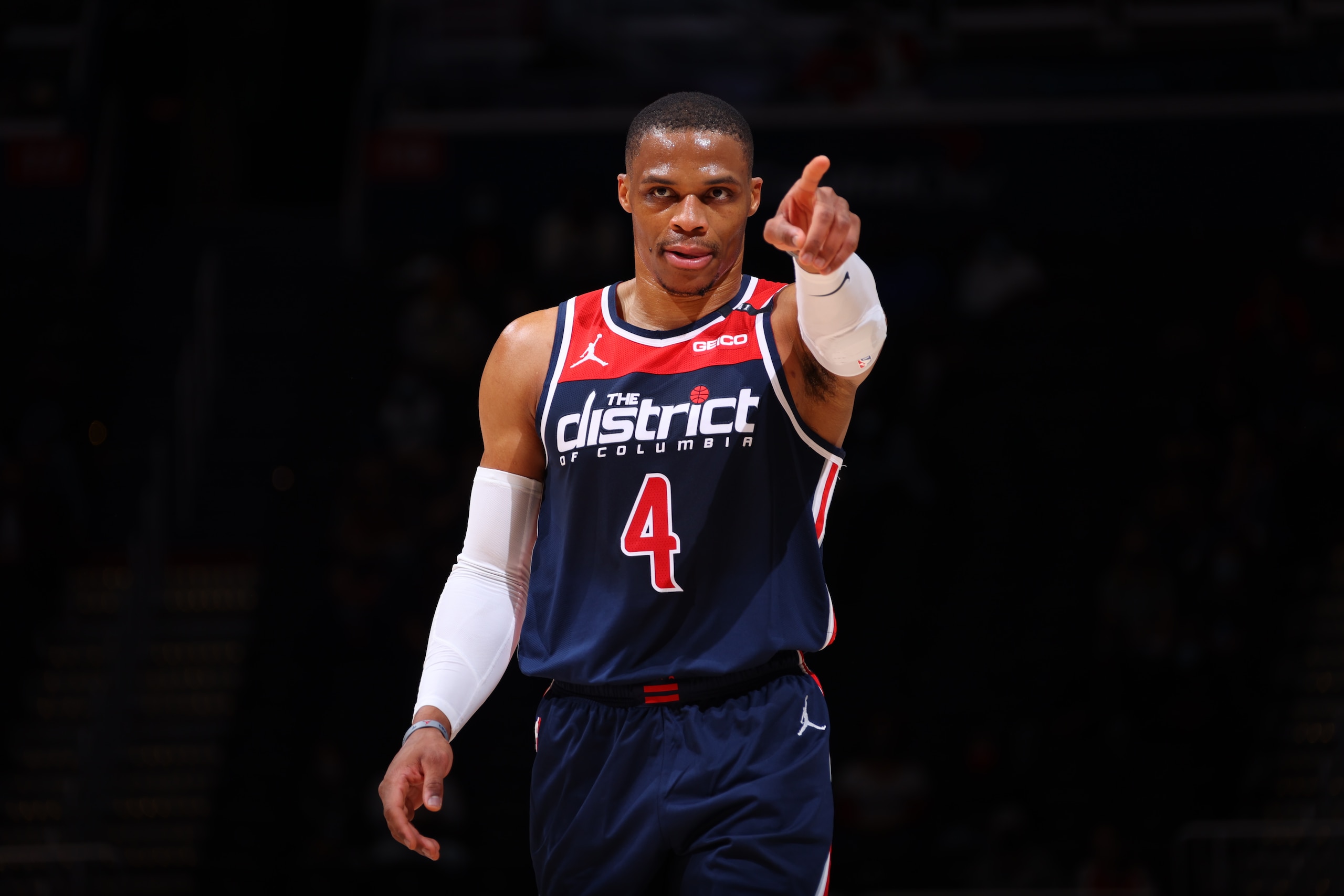 WASHINGTON, DC -  MAY 14: Russell Westbrook #4 of the Washington Wizards looks on during the game against the Cleveland Cavaliers on May 14, 2021 at Capital One Arena in Washington, DC. NOTE TO USER: User expressly acknowledges and agrees that, by downloading and or using this Photograph, user is consenting to the terms and conditions of the Getty Images License Agreement. Mandatory Copyright Notice: Copyright 2021 NBAE (Photo by Ned Dishman/NBAE via Getty Images)