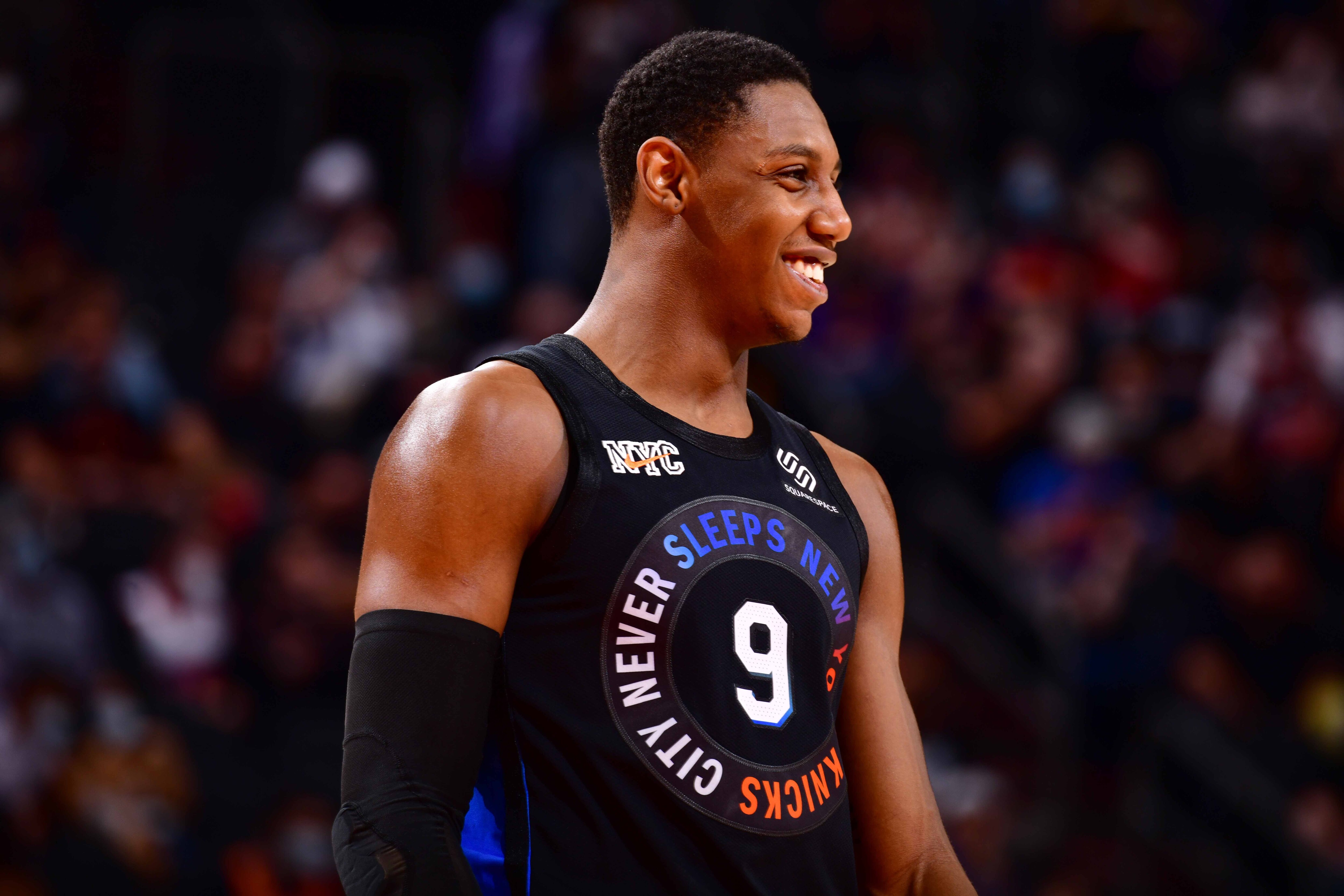 PHOENIX, AZ - MAY 7: RJ Barrett #9 of the New York Knicks smiles during the game against the Phoenix Suns on May 7, 2021 at Talking Stick Resort Arena in Phoenix, Arizona. NOTE TO USER: User expressly acknowledges and agrees that, by downloading and or using this photograph, user is consenting to the terms and conditions of the Getty Images License Agreement. Mandatory Copyright Notice: Copyright 2021 NBAE (Photo by Barry Gossage/NBAE via Getty Images)