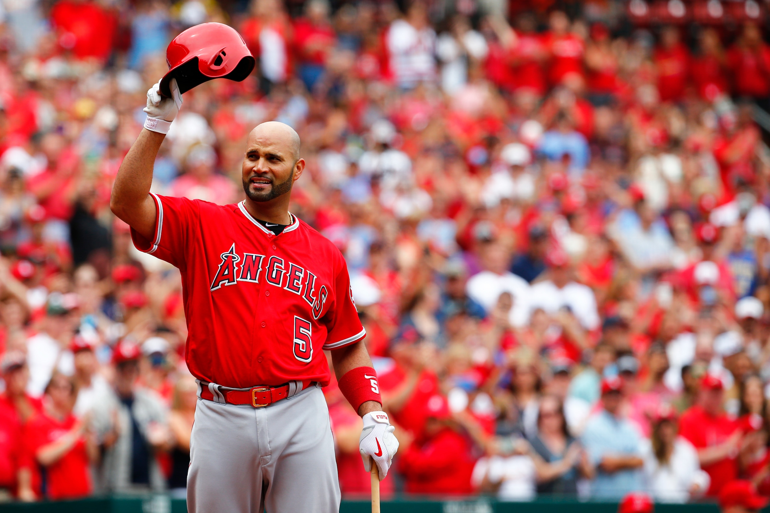 ST. LOUIS, MO - JUNE 22: Albert Pujols #5 of the Los Angeles Angels waves to the fans as he receives a standing ovation during the game against the St. Louis Cardinals at Busch Stadium on Saturday, June 22, 2019 in St. Louis, Missouri. (Photo by Dilip Vishwanat/MLB via Getty Images)