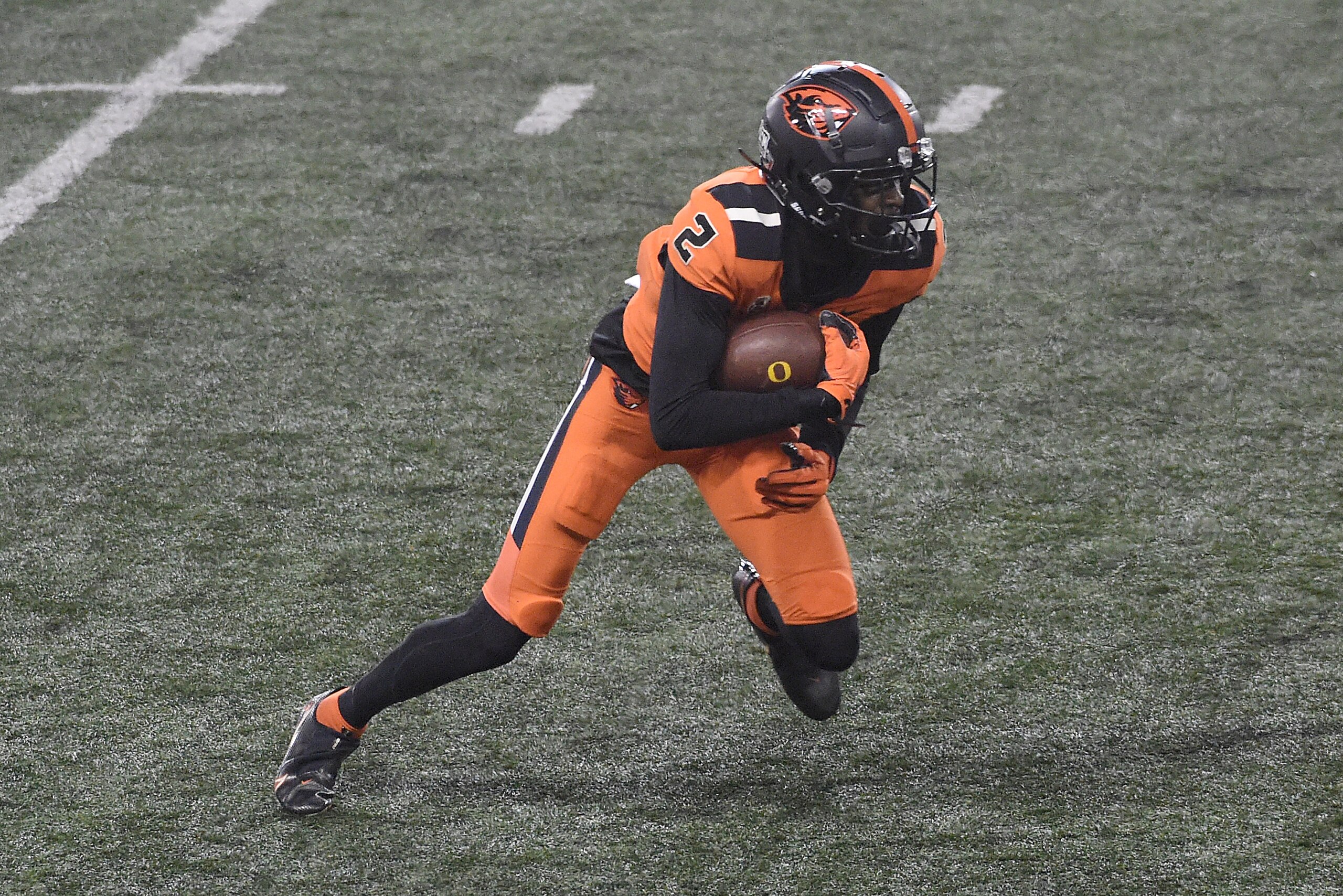 CORVALLIS, OREGON - NOVEMBER 27: Defensive back Nahshon Wright #2 of the Oregon State Beavers intercepts a pass second half of the game against the Oregon Ducks at Reser Stadium on November 27, 2020 in Corvallis, Oregon. Oregon State won 41-38. (Photo by Steve Dykes/Getty Images)