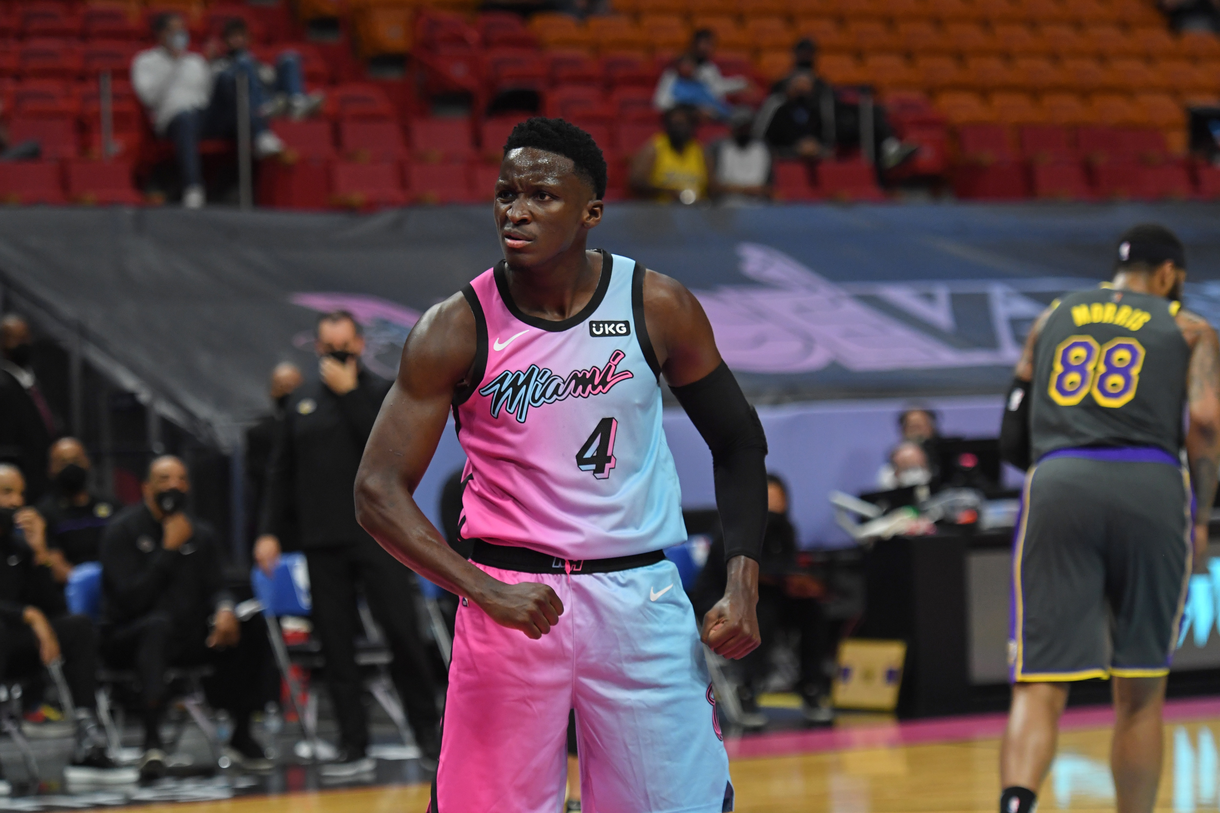 MIAMI, FL - APRIL 8: Victor Oladipo #4 of the Miami Heat celebrates during the game against the Los Angeles Lakers on April 8, 2021 at American Airlines Arena in Miami, Florida. NOTE TO USER: User expressly acknowledges and agrees that, by downloading and or using this Photograph, user is consenting to the terms and conditions of the Getty Images License Agreement. Mandatory Copyright Notice: Copyright 2021 NBAE (Photo by Carlos Goldman/NBAE via Getty Images)