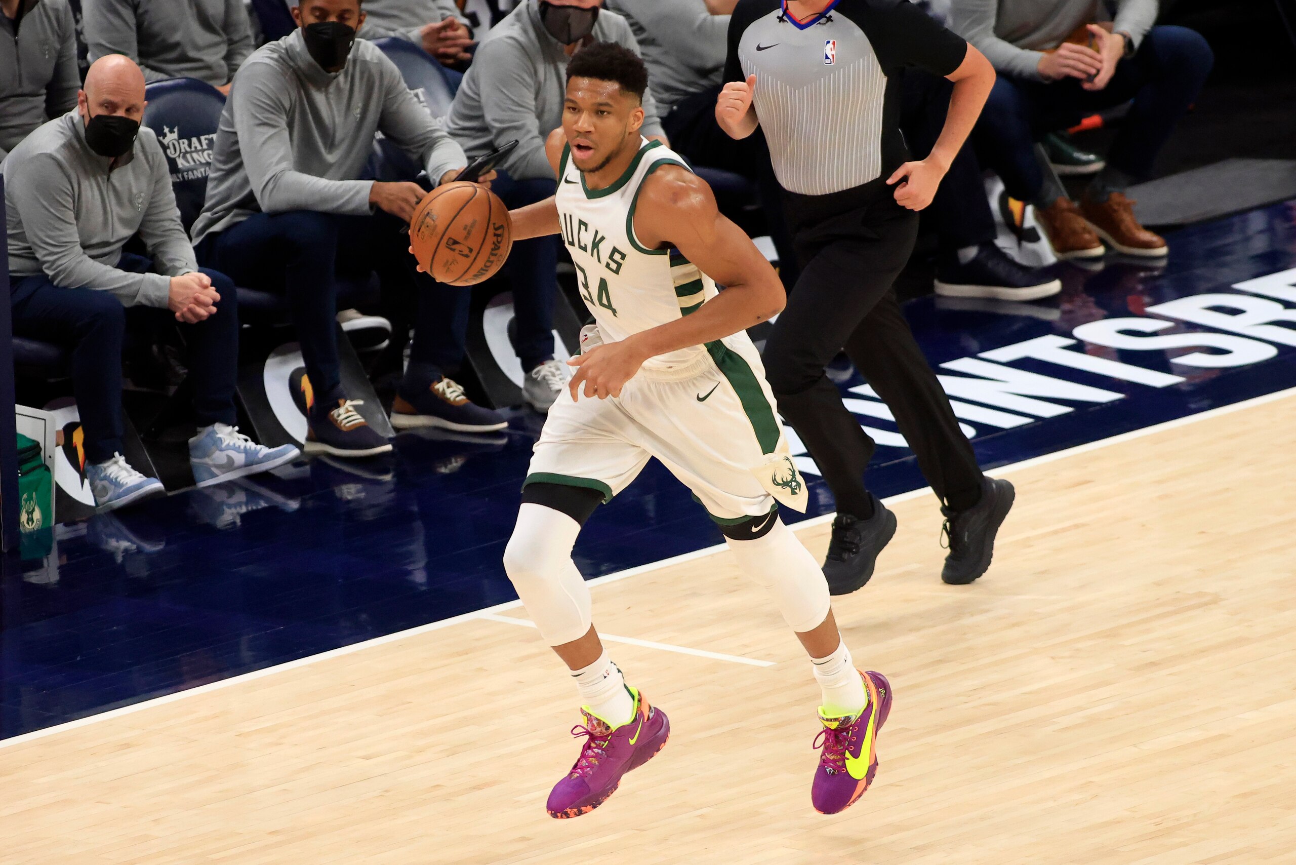 INDIANAPOLIS, INDIANA - MAY 13: Giannis Antetokounmpo #34 of the Milwaukee Bucks brings the ball up the court in the game against the Indiana Pacers during the first quarter at Bankers Life Fieldhouse on May 13, 2021 in Indianapolis, Indiana. NOTE TO USER: User expressly acknowledges and agrees that, by downloading and or using this photograph, User is consenting to the terms and conditions of the Getty Images License Agreement. (Photo by Justin Casterline/Getty Images)
