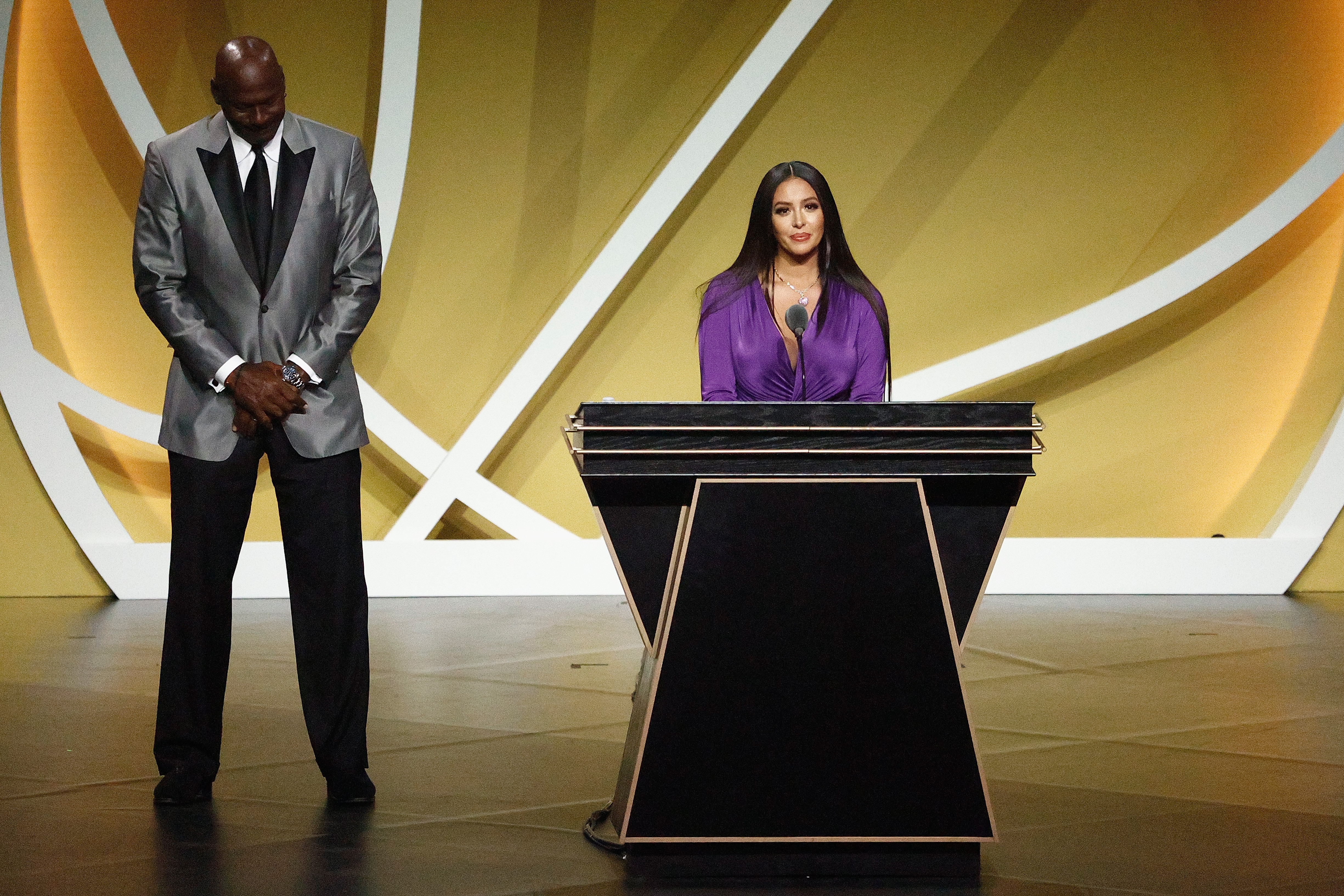 UNCASVILLE, CONNECTICUT - MAY 15: Vanessa Bryant speaks on behalf of Class of 2020 inductee, Kobe Bryant alongside presenter Michael Jordan during the 2021 Basketball Hall of Fame Enshrinement Ceremony at Mohegan Sun Arena on May 15, 2021 in Uncasville, Connecticut. Kobe Bryant tragically died in a California helicopter crash on Jan 26, 2020. (Photo by Maddie Meyer/Getty Images)