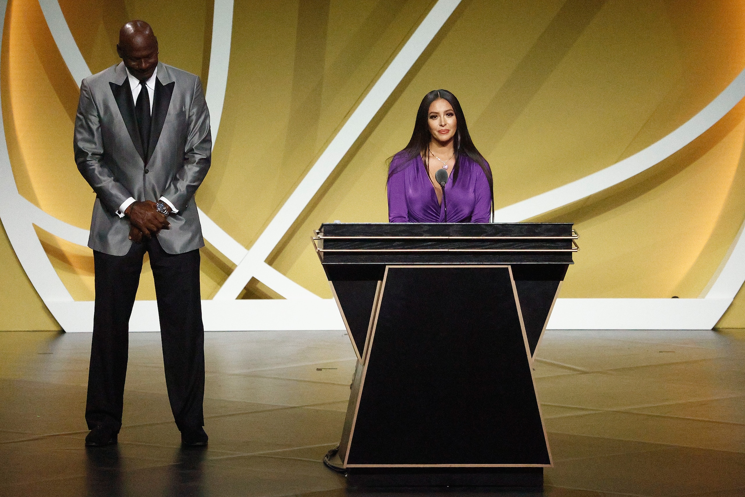 UNCASVILLE, CONNECTICUT - MAY 15: Vanessa Bryant speaks on behalf of Class of 2020 inductee, Kobe Bryant alongside presenter Michael Jordan during the 2021 Basketball Hall of Fame Enshrinement Ceremony at Mohegan Sun Arena on May 15, 2021 in Uncasville, Connecticut. Kobe Bryant tragically died in a California helicopter crash on Jan 26, 2020. (Photo by Maddie Meyer/Getty Images)