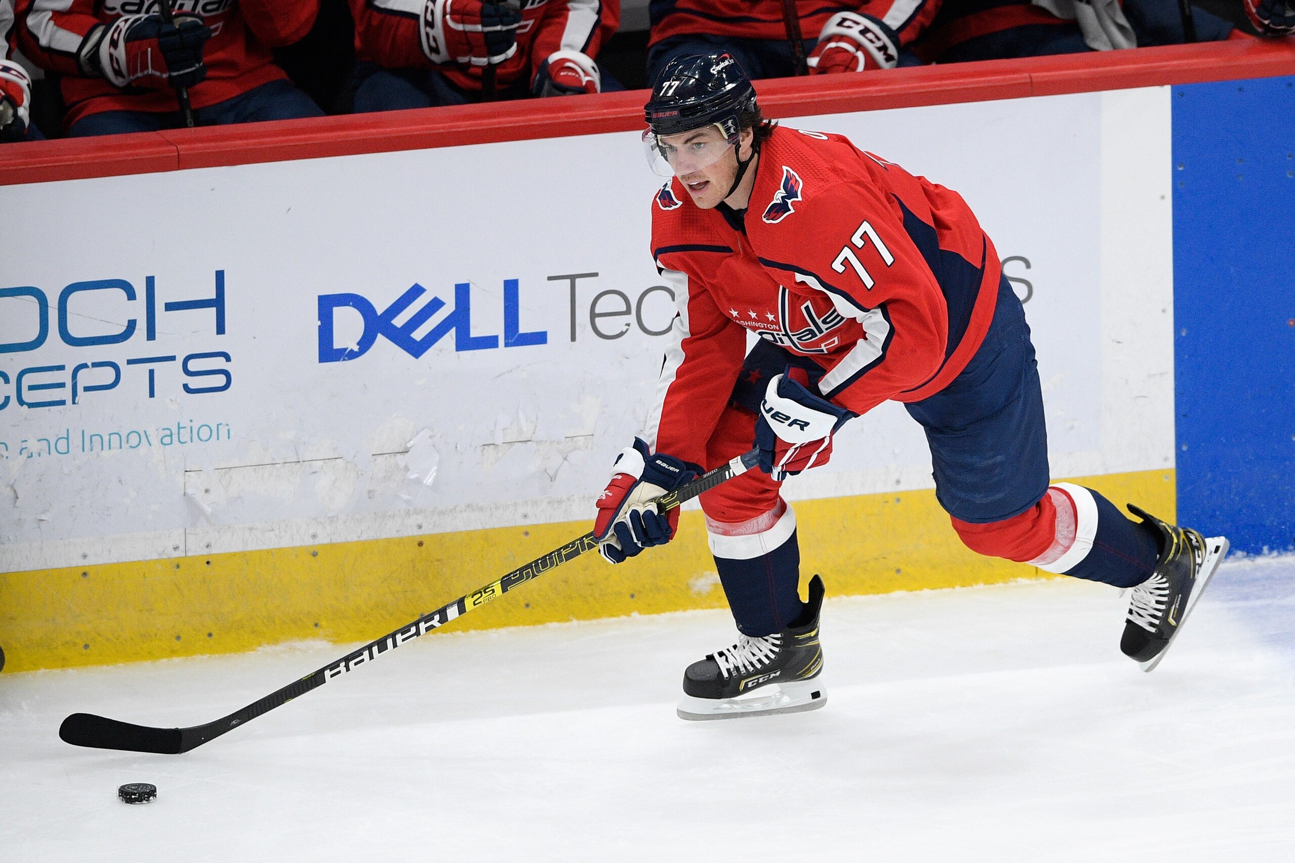 Washington Capitals right wing T.J. Oshie (77) skates with the puck during the second period of an NHL hockey game against the Philadelphia Flyers, Saturday, May 8, 2021, in Washington. (AP Photo/Nick Wass) Washington Capitals right wing T.J. Oshie (77) skates with the puck during the second period of an NHL hockey game against the Philadelphia Flyers, Saturday, May 8, 2021, in Washington. (AP Photo/Nick Wass)