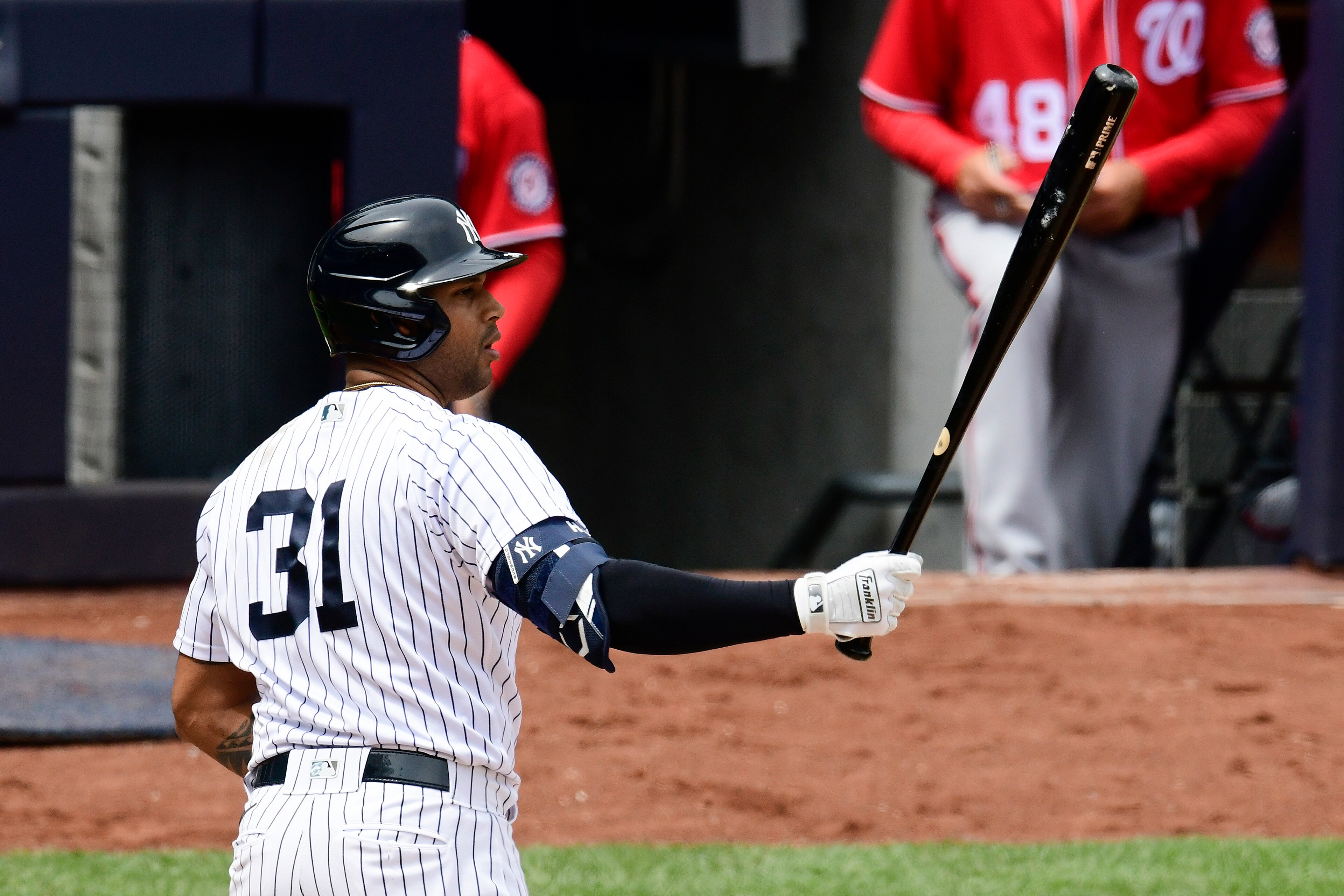 NEW YORK, NEW YORK - MAY 09:  Aaron Hicks #31 of the New York Yankees at bat against the Washington Nationals at Yankee Stadium on May 09, 2021 in in the Bronx borough of New York City. (Photo by Steven Ryan/Getty Images)