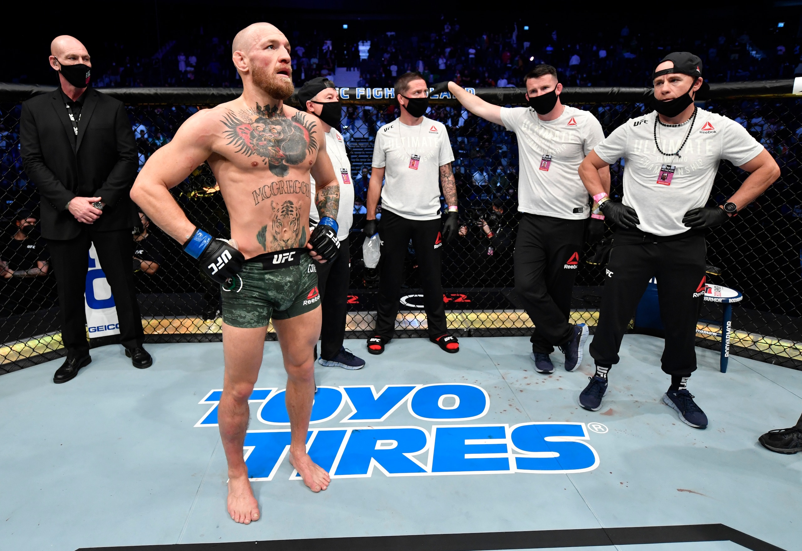 ABU DHABI, UNITED ARAB EMIRATES - JANUARY 23: Conor McGregor of Ireland reacts after his TKO loss to Dustin Poirier in a lightweight fight during the UFC 257 event inside Etihad Arena on UFC Fight Island on January 23, 2021 in Abu Dhabi, United Arab Emirates. (Photo by Jeff Bottari/Zuffa LLC)