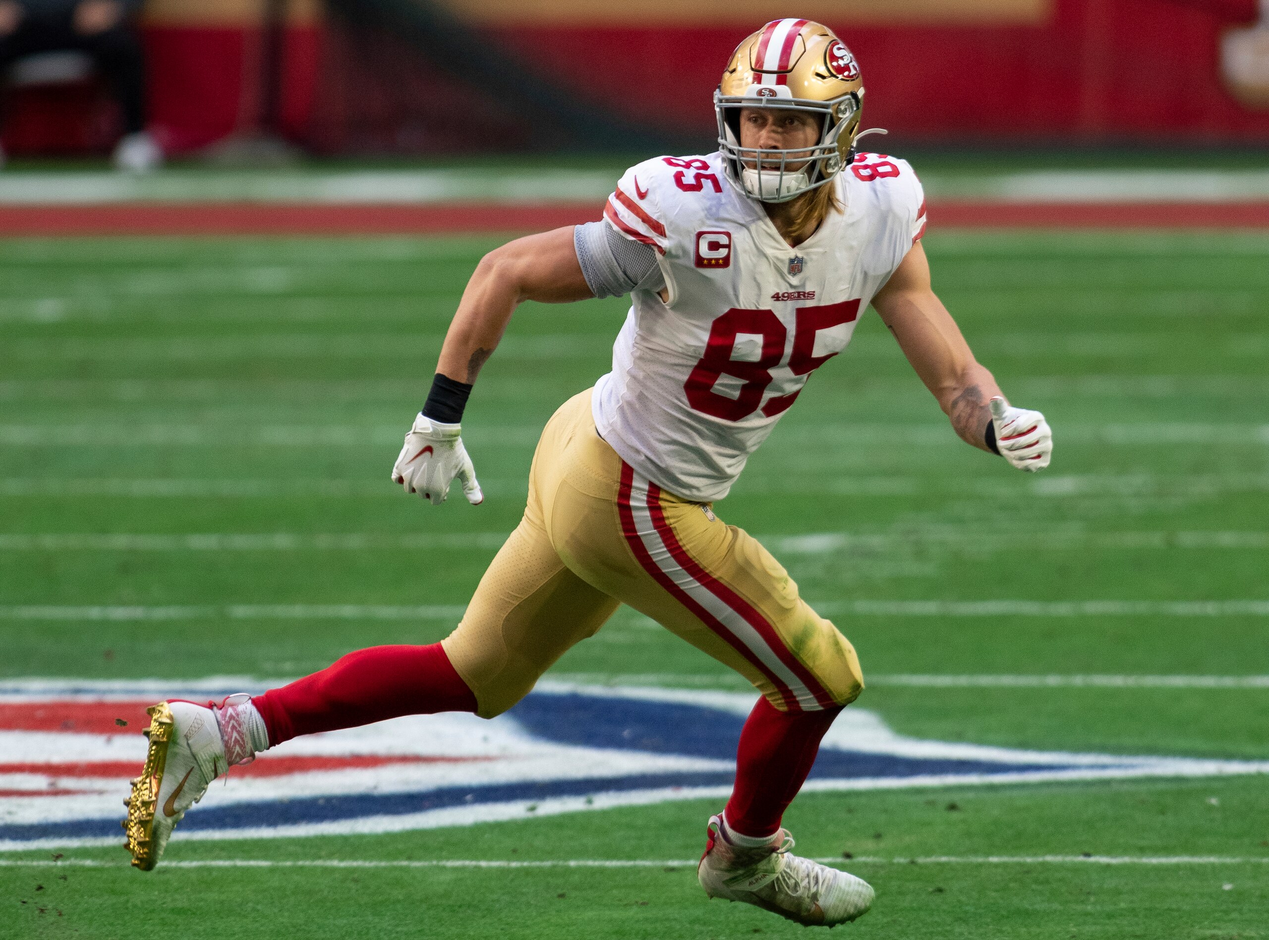 San Francisco 49ers tight end George Kittle (85) in action against the Seattle Seahawks during an NFL football game, Sunday, Jan. 3, 2021, in Glendale, Ariz. (AP Photo/Jennifer Stewart)