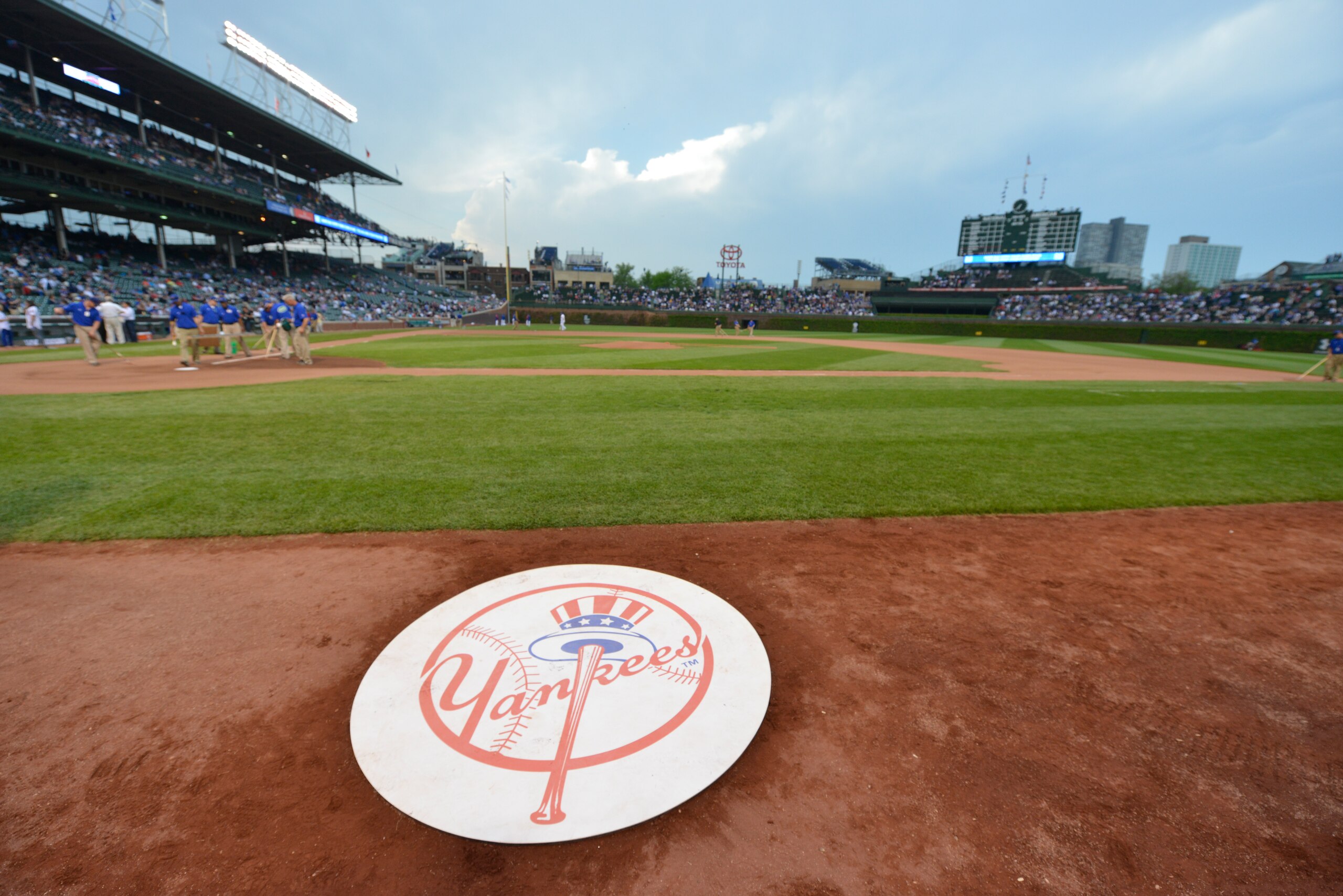 CHICAGO, IL - MAY 20: The on-deck circle displays the New York Yankees logo before the game against the Chicago Cubs at Wrigley Field on May 20, 2014 in Chicago, Illinois. The Cubs defeated the Yankees 6-1. (Photo by Brian D. Kersey/Getty Images)