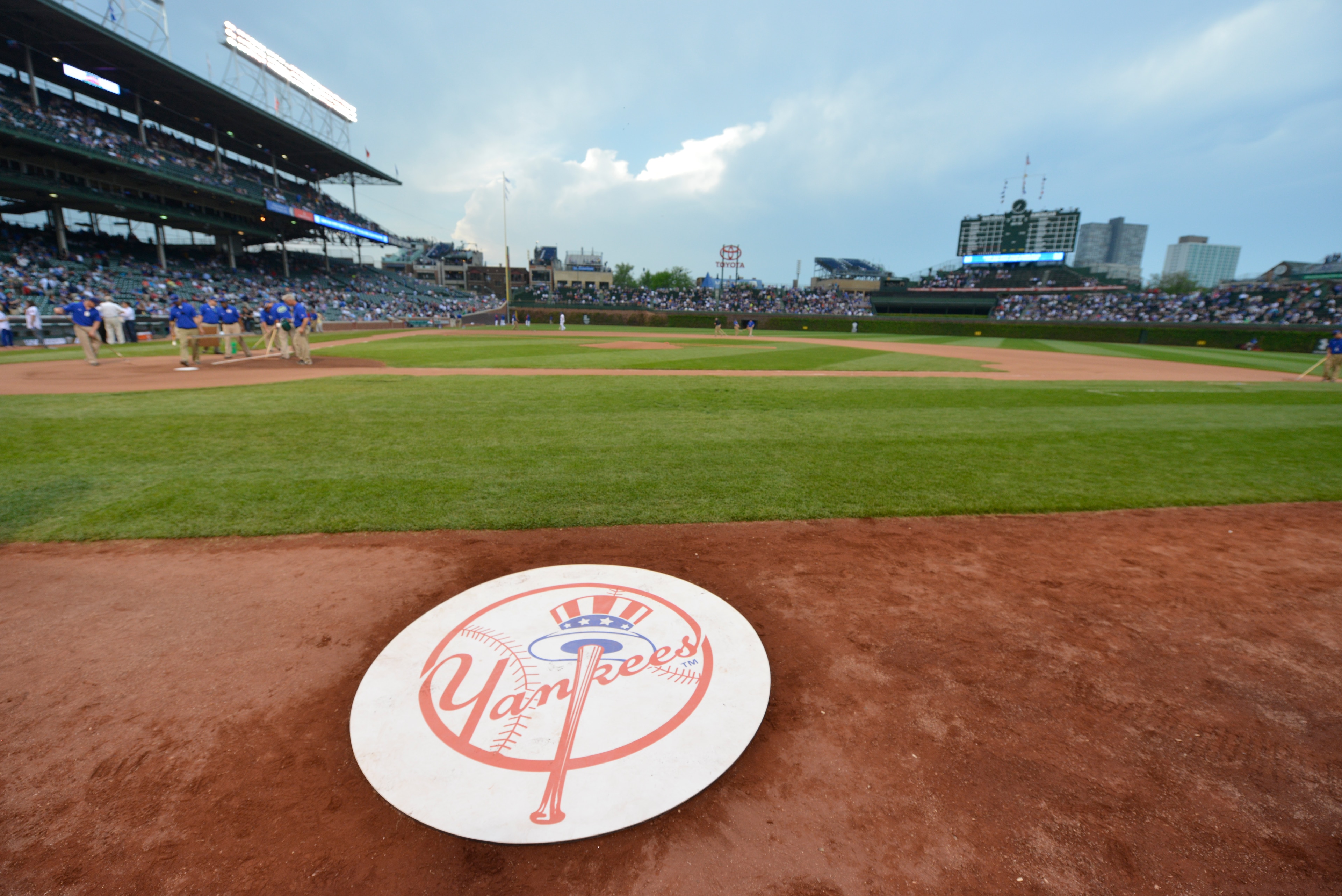 CHICAGO, IL - MAY 20: The on-deck circle displays the New York Yankees logo before the game against the Chicago Cubs at Wrigley Field on May 20, 2014 in Chicago, Illinois. The Cubs defeated the Yankees 6-1. (Photo by Brian D. Kersey/Getty Images) CHICAGO, IL - MAY 20: The on-deck circle displays the New York Yankees logo before the game against the Chicago Cubs at Wrigley Field on May 20, 2014 in Chicago, Illinois. The Cubs defeated the Yankees 6-1. (Photo by Brian D. Kersey/Getty Images)