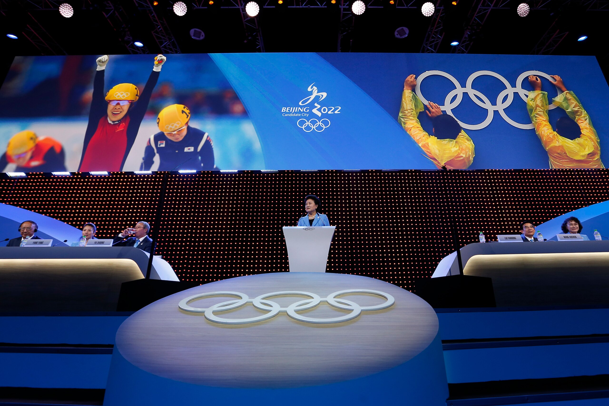 China's Vice Premier Liu Yandong, delivers a speech during Beijing's 2022 Olympic Winter Games bid presentation at the 128th IOC session in Kuala Lumpur, Malaysia, Friday, July 31, 2015. (AP Photo/Vincent Thian, Pool)