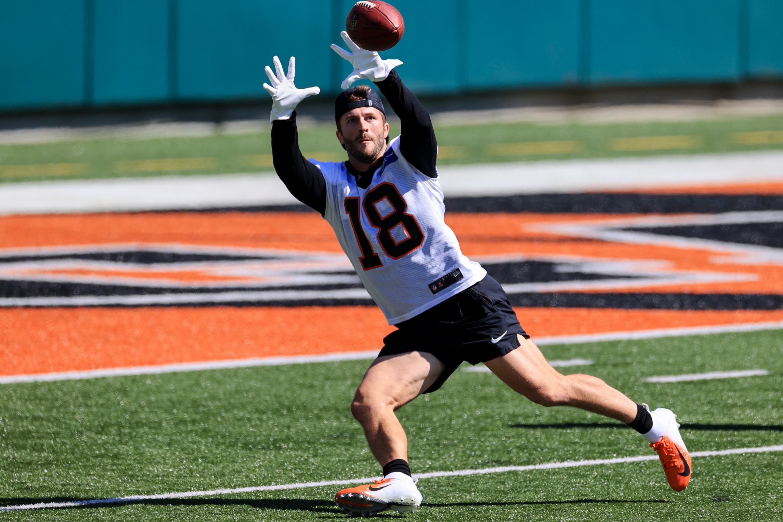 Cincinnati Bengals wide receiver Trent Taylor runs a drill during an NFL football rookie minicamp in Cincinnati, Friday, May 14, 2021. (AP Photo/Aaron Doster)