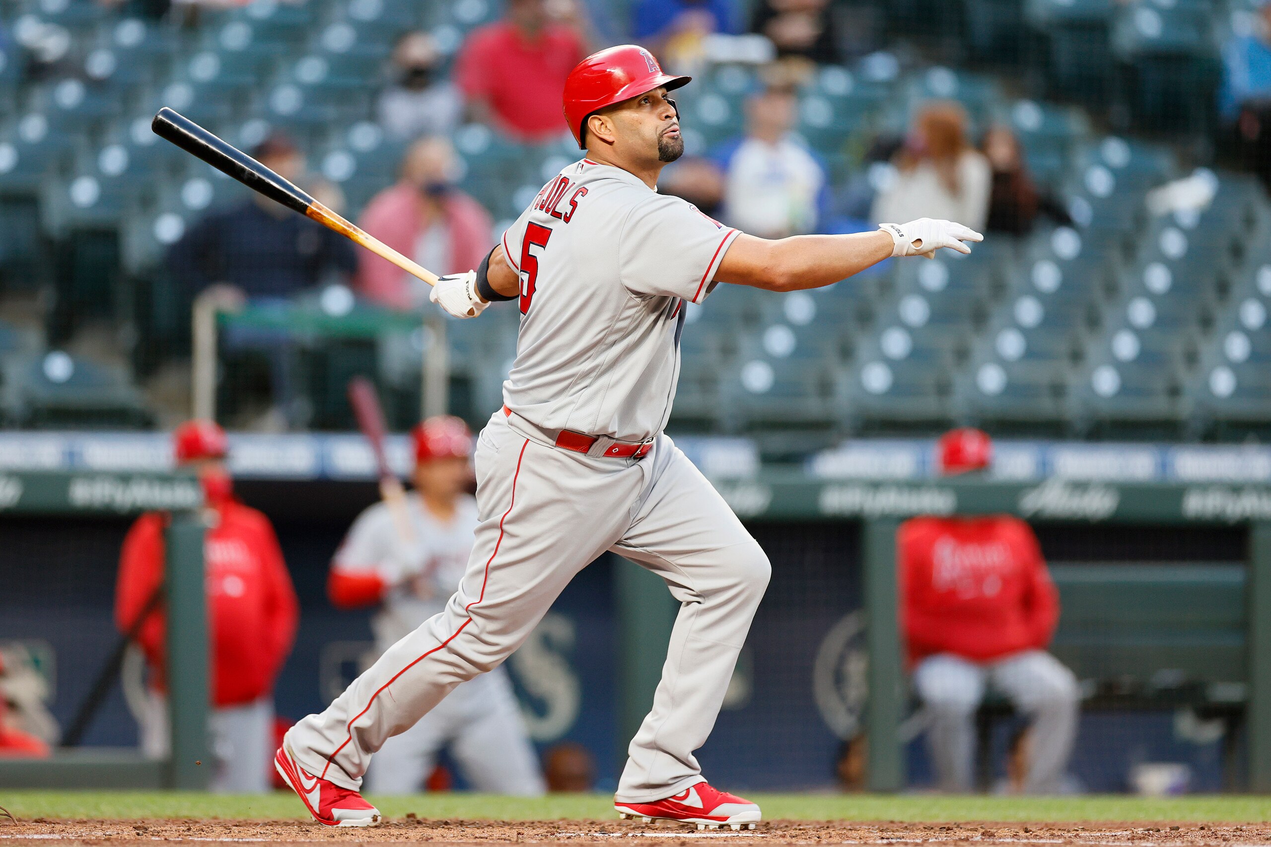 SEATTLE, WASHINGTON - APRIL 30: Albert Pujols #5 of the Los Angeles Angels at bat against the Seattle Mariners in the second inning at T-Mobile Park on April 30, 2021 in Seattle, Washington. (Photo by Steph Chambers/Getty Images)