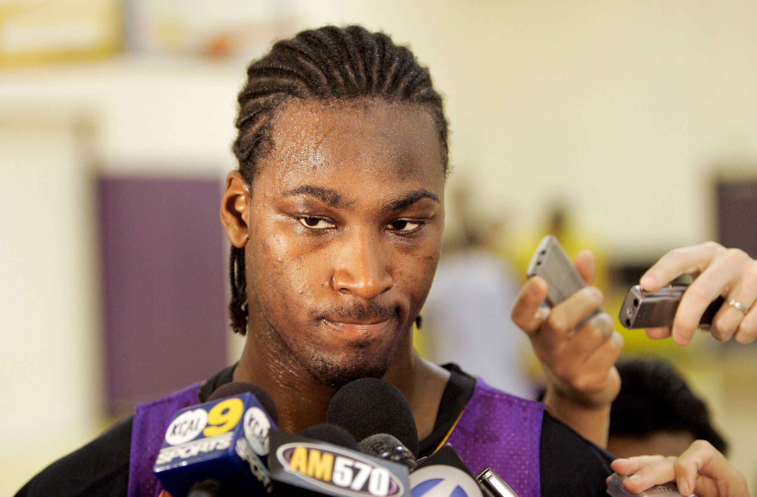 FILE - In this May 3, 2006 file photo, Los Angeles Lakers' Kwame Brown speaks to the media during a team practice in El Segundo, Calif. For every Hall of Fame-level big man like Shaquille O'Neal, David Robinson, Tim Duncan and Hakeem Olajuwon, there's a Pervis Ellison, Michael Olowokandi, Kwame Brown and Greg Oden to serve as a cautionary tale.(AP Photo/Kevork Djansezian, File) FILE - In this May 3, 2006 file photo, Los Angeles Lakers' Kwame Brown speaks to the media during a team practice in El Segundo, Calif. For every Hall of Fame-level big man like Shaquille O'Neal, David Robinson, Tim Duncan and Hakeem Olajuwon, there's a Pervis Ellison, Michael Olowokandi, Kwame Brown and Greg Oden to serve as a cautionary tale.(AP Photo/Kevork Djansezian, File)