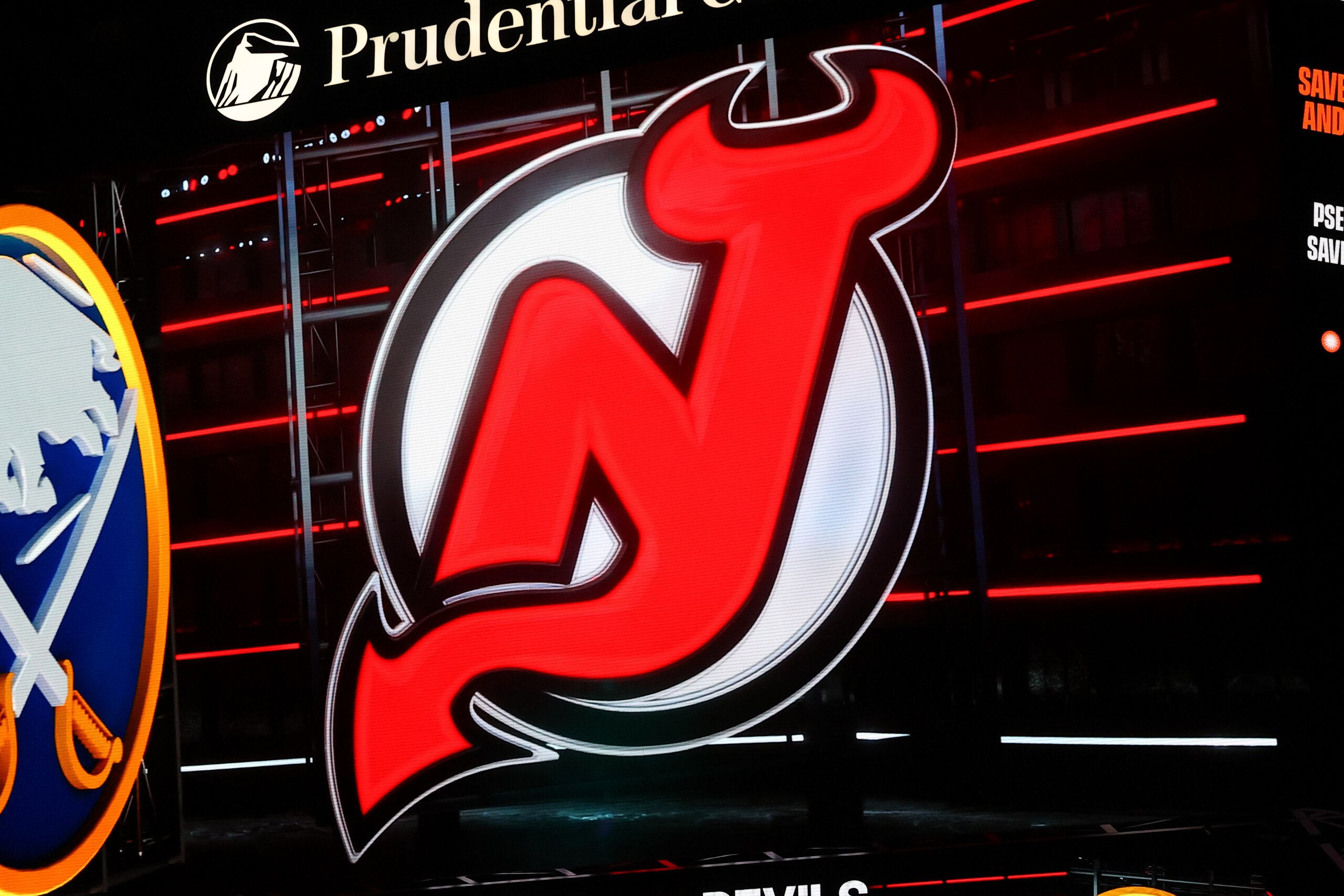 NEWARK, NJ - FEBRUARY 23:  A general view of the New Jersey Devils logo prior to the  National Hockey League game between the New Jersey Devils and tyhe Buffalo Sabres on February 23, 2021 at the Prudential Center in Newark, NJ.  (Photo by Rich Graessle/Icon Sportswire via Getty Images)