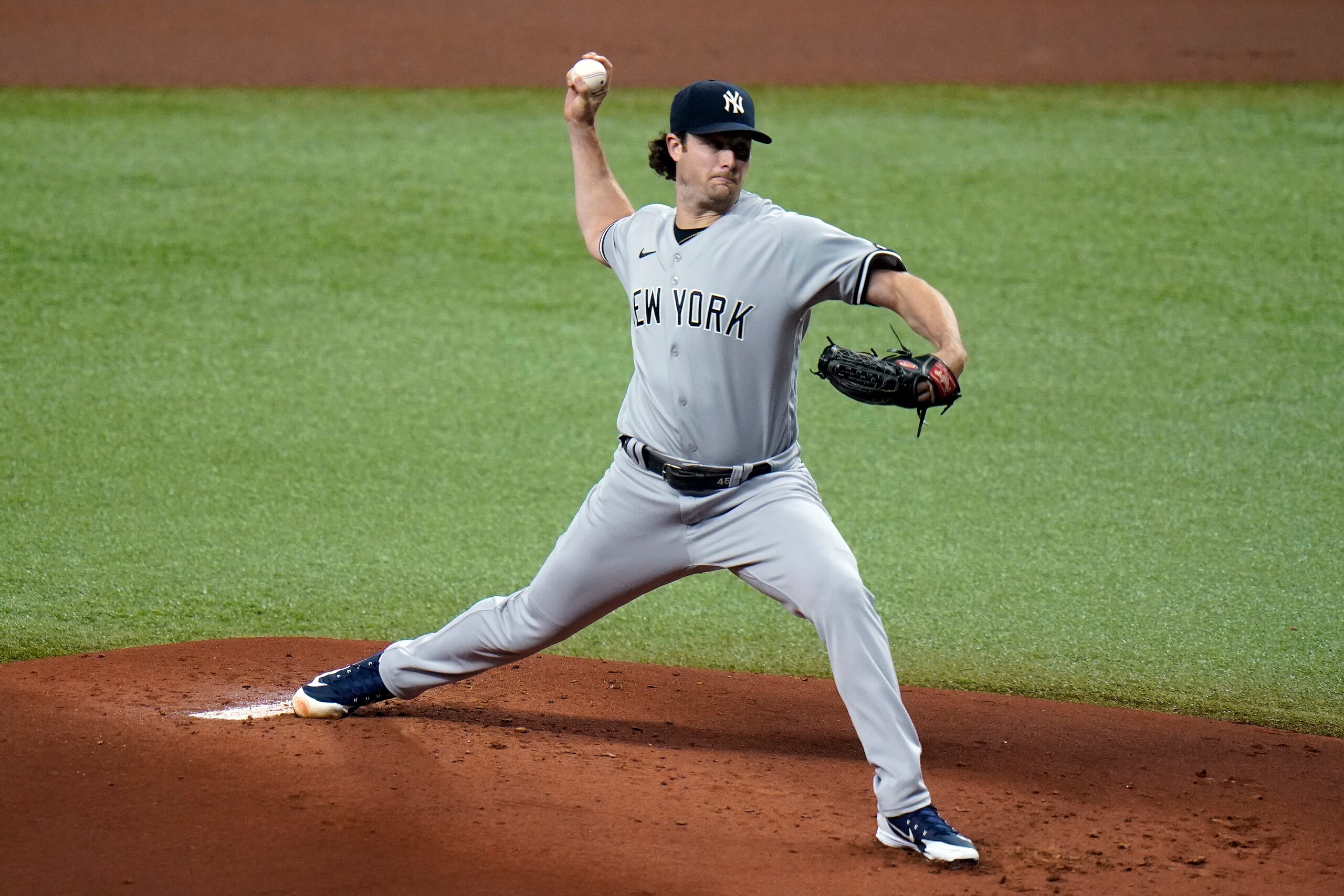 New York Yankees' Gerrit Cole pitches to the Tampa Bay Rays during the first inning of a baseball game Wednesday, May 12, 2021, in St. Petersburg, Fla. (AP Photo/Chris O'Meara)
