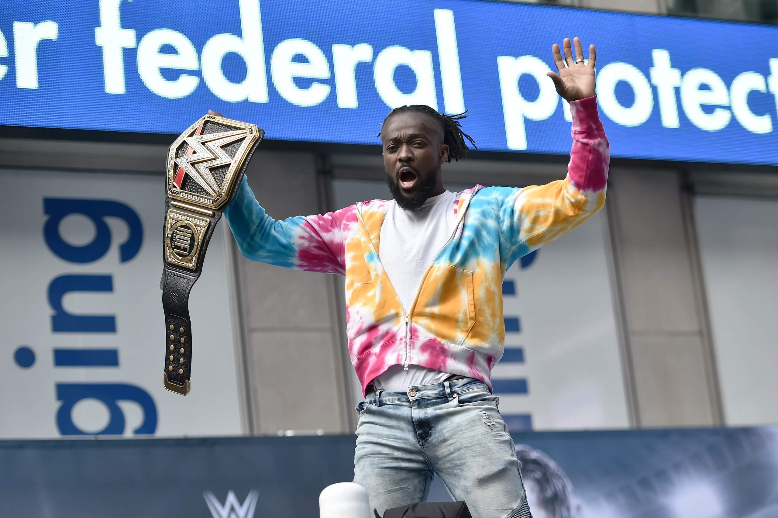 NEW YORK, NEW YORK - SEPTEMBER 30: WWE Champion Kofi Kingston is seen on the set of "FOX and Friends" on September 30, 2019 in New York City. (Photo by Bauzen/GC Images)