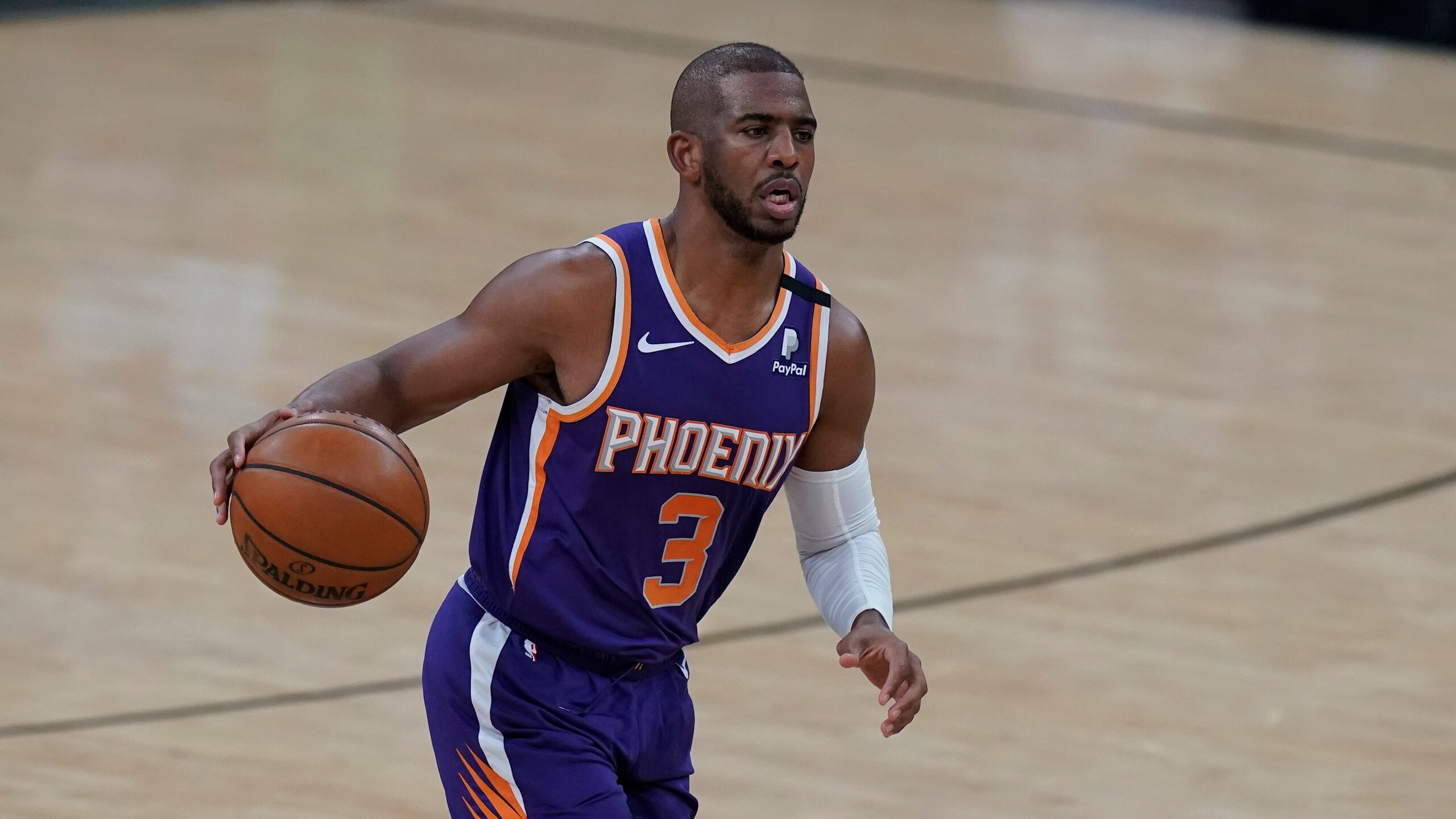 Phoenix Suns guard Chris Paul (3) during the first half of an NBA basketball game against the San Antonio Spurs in San Antonio, Saturday, May 15, 2021. (AP Photo/Eric Gay)