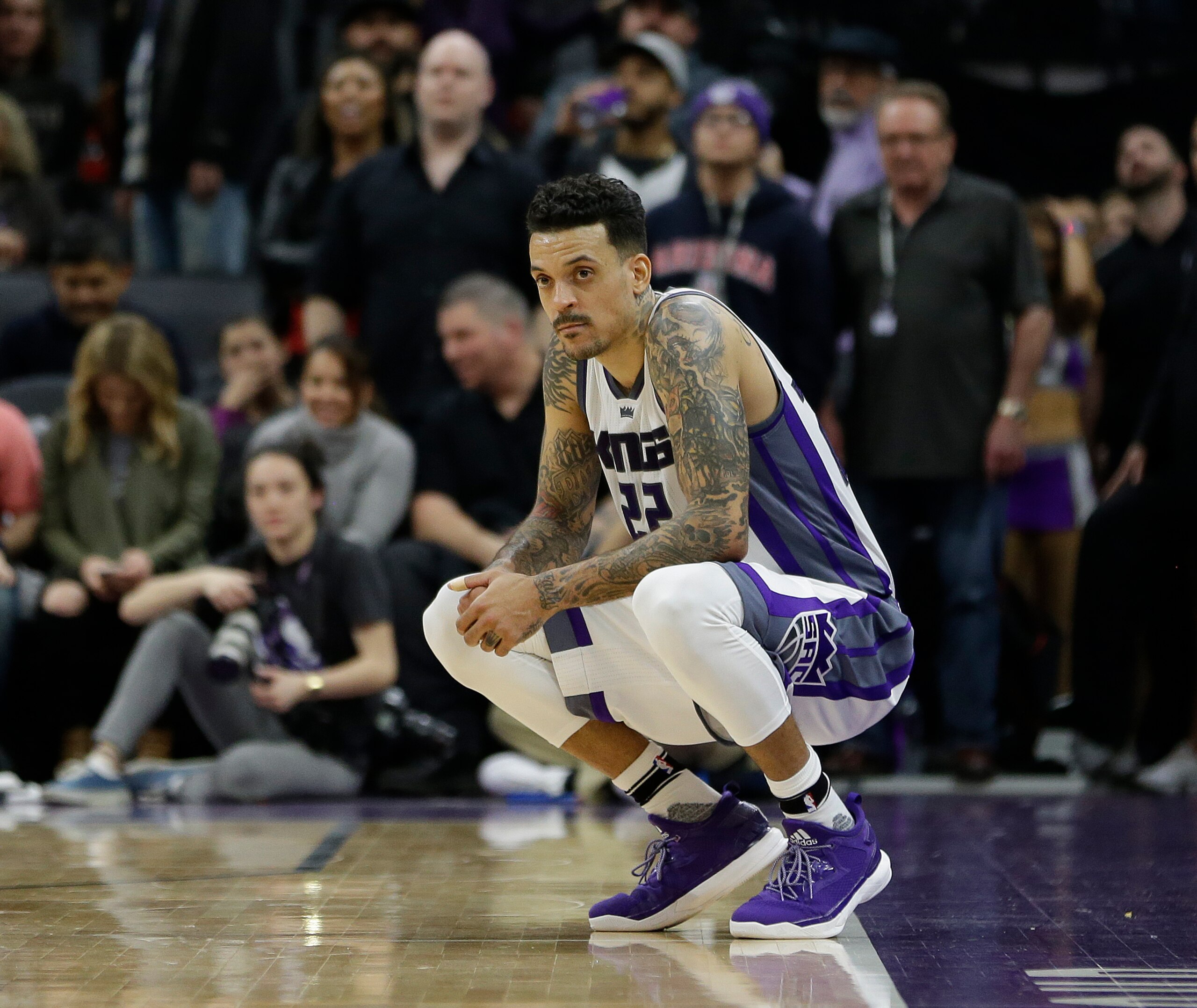Sacramento Kings forward Matt Barnes squats after his inbound pass to teammate DeMarcus Cousins was stolen by Chicago Bulls guard Dwyane Wade who went for a breakaway stuff during the closing moments of an NBA basketball game Monday, Feb. 6, 2017, in Sacramento, Calif. The Bulls won 112-107. (AP Photo/Rich Pedroncelli) Sacramento Kings forward Matt Barnes squats after his inbound pass to teammate DeMarcus Cousins was stolen by Chicago Bulls guard Dwyane Wade who went for a breakaway stuff during the closing moments of an NBA basketball game Monday, Feb. 6, 2017, in Sacramento, Calif. The Bulls won 112-107. (AP Photo/Rich Pedroncelli)