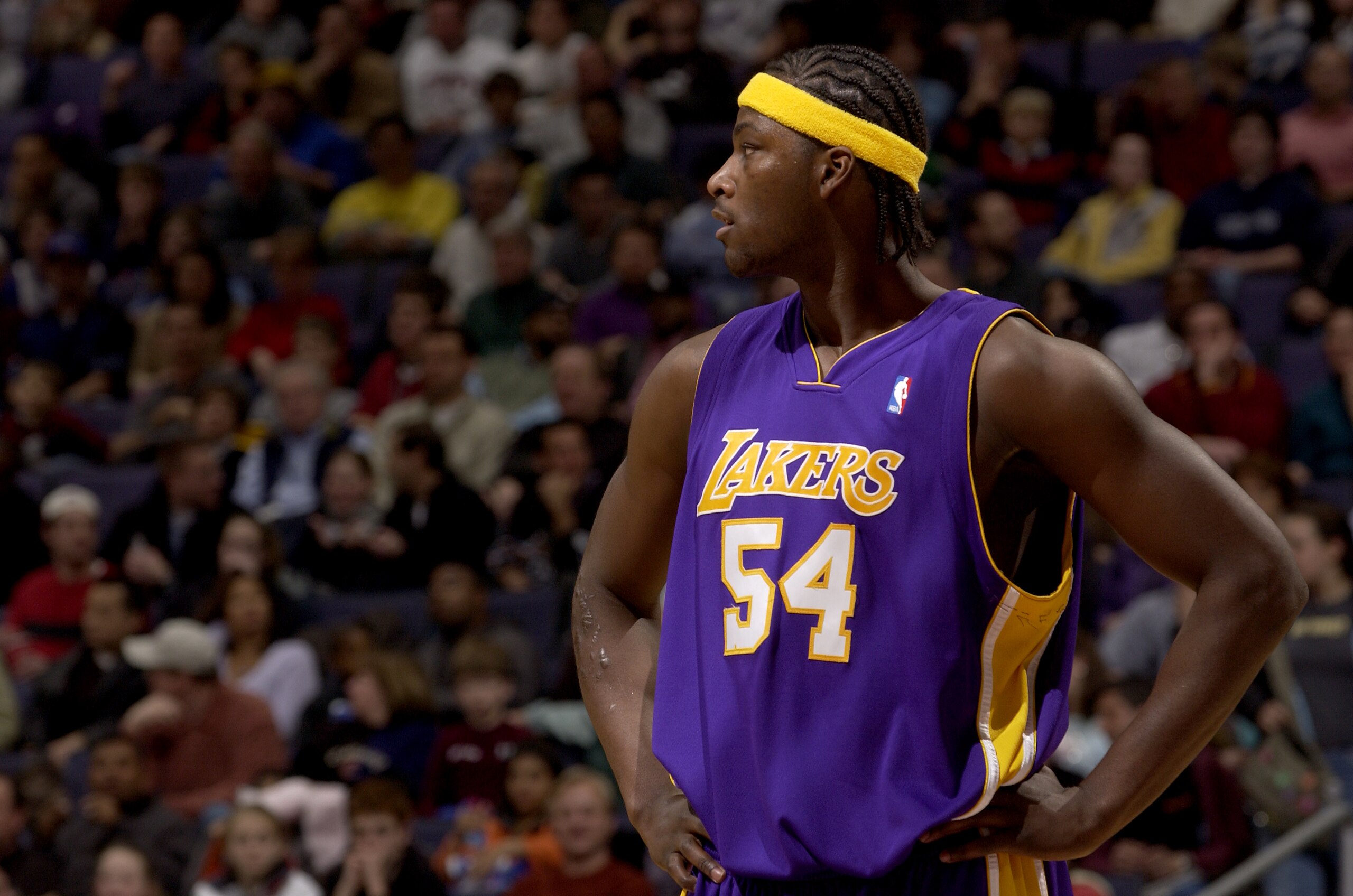 WASHINGTON, DC - DECEMBER 26: Kwame Brown #54 of the Los Angeles Lakers plays against the Washington Wizards on December 26, 2005 at the MCI Center in Washington, DC.  NOTE TO USER: User expressly acknowledges and agrees that, by downloading and or using this photograph, User is consenting to the terms and conditions of the Getty Images License Agreement. (Photo by G Fiume/Getty Images)
