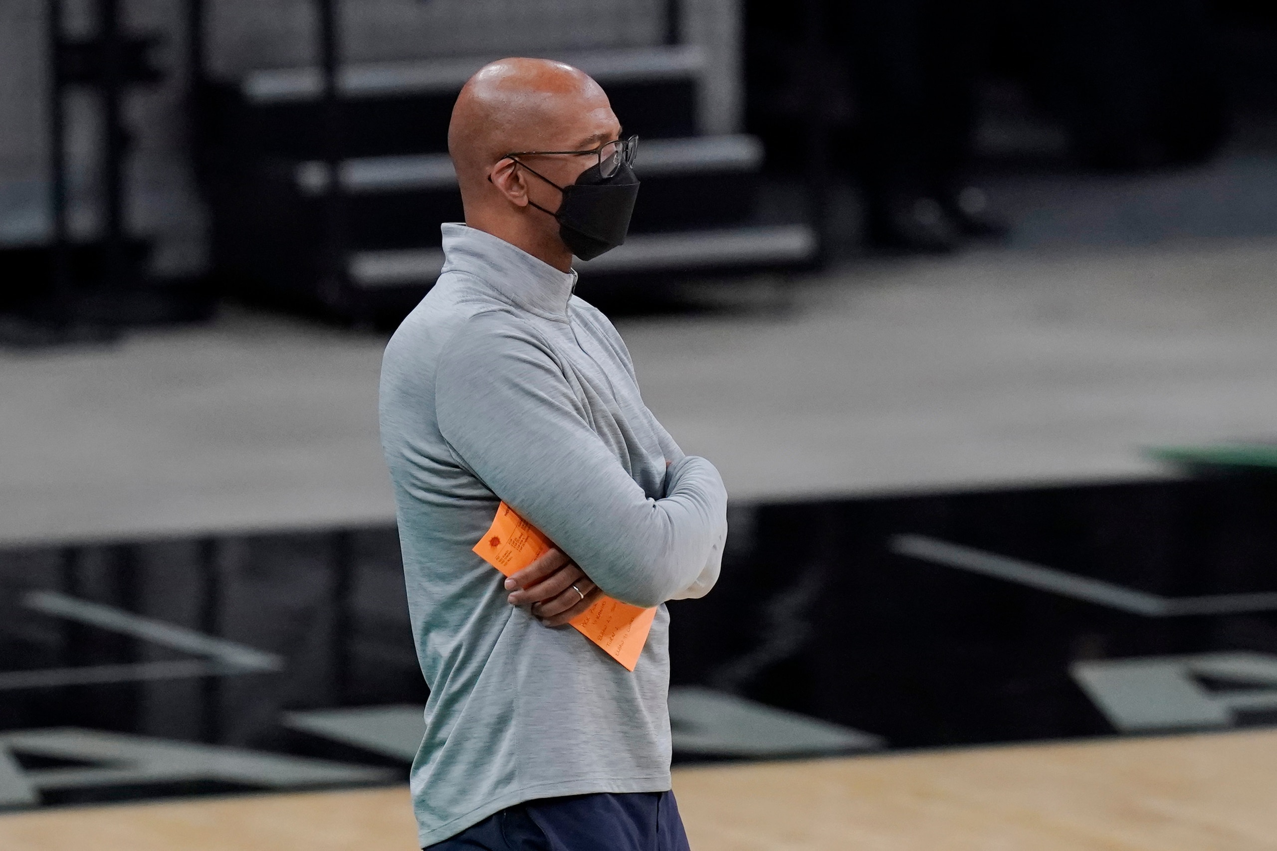 Phoenix Suns head coach Monty Williams watches from the bench during the first half of an NBA basketball game against the San Antonio Spurs in San Antonio, Saturday, May 15, 2021. (AP Photo/Eric Gay)