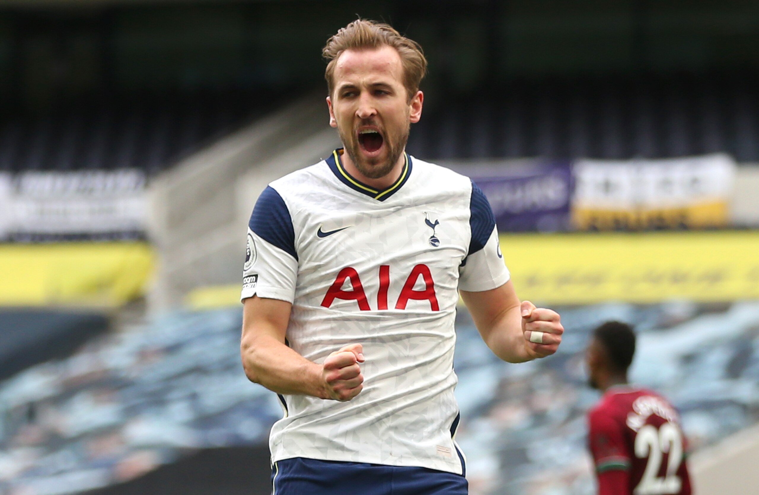 LONDON, ENGLAND - MAY 16: Harry Kane of Tottenham Hotspur celebrates after scoring their side's first goal during the Premier League match between Tottenham Hotspur and Wolverhampton Wanderers at Tottenham Hotspur Stadium on May 16, 2021 in London, England. Sporting stadiums around the UK remain under strict restrictions due to the Coronavirus Pandemic as Government social distancing laws prohibit fans inside venues resulting in games being played behind closed doors.  (Photo by Tottenham Hotspur FC/Tottenham Hotspur FC via Getty Images)