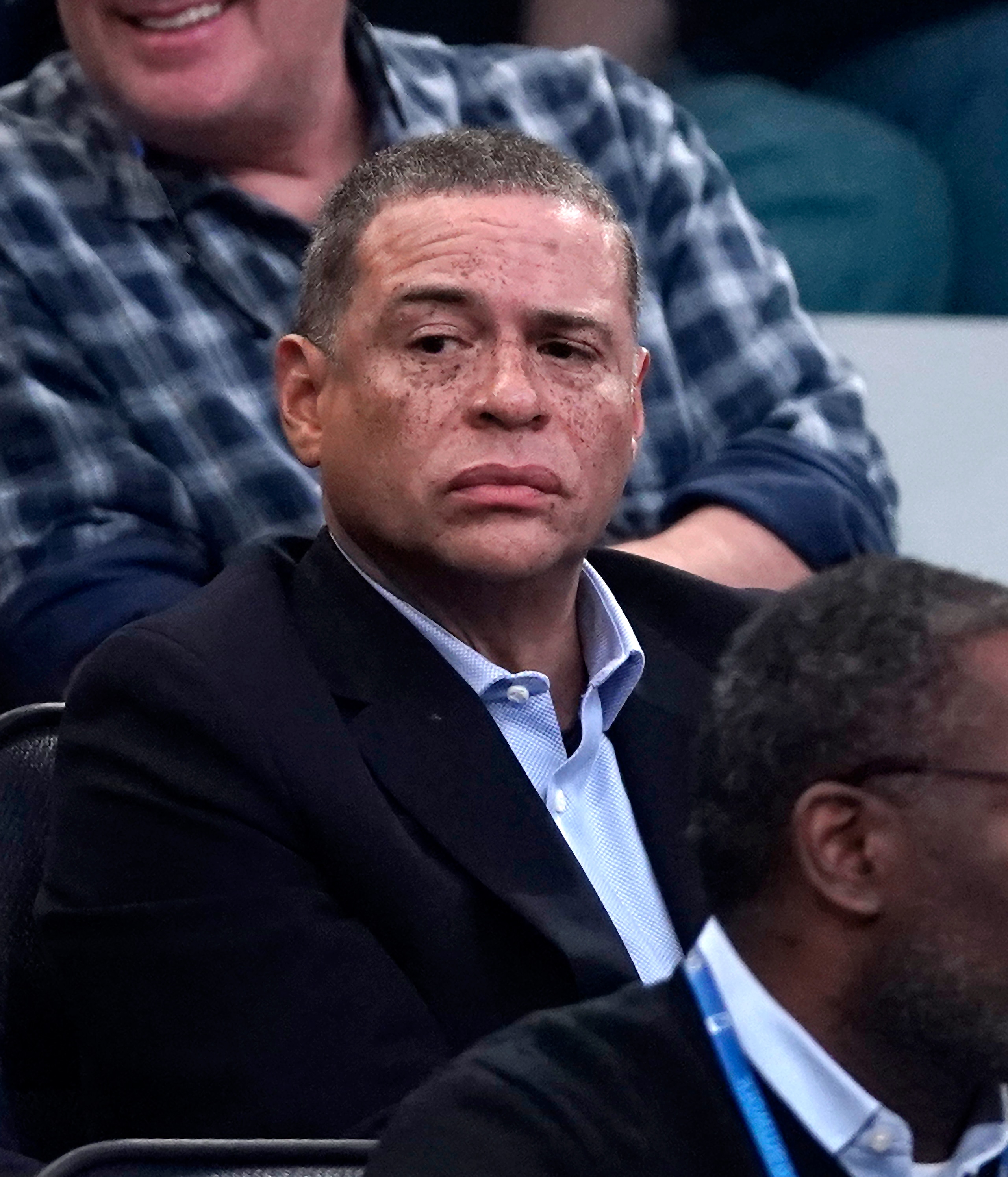 NEW YORK, NY - DECEMBER 07:  New York Knicks General Manager Scott Perry watches an NBA basketball game between the Knicks and Indiana Pacers from his seat on December 7, 2019 at Madison Square Garden in New York City. Pacers won 104-103. NOTE TO USER: User expressly acknowledges and agrees that, by downloading and/or using this Photograph, user is consenting to the terms and conditions of the Getty License agreement. Mandatory Copyright Notice (Photo by Paul Bereswill/Getty Images)