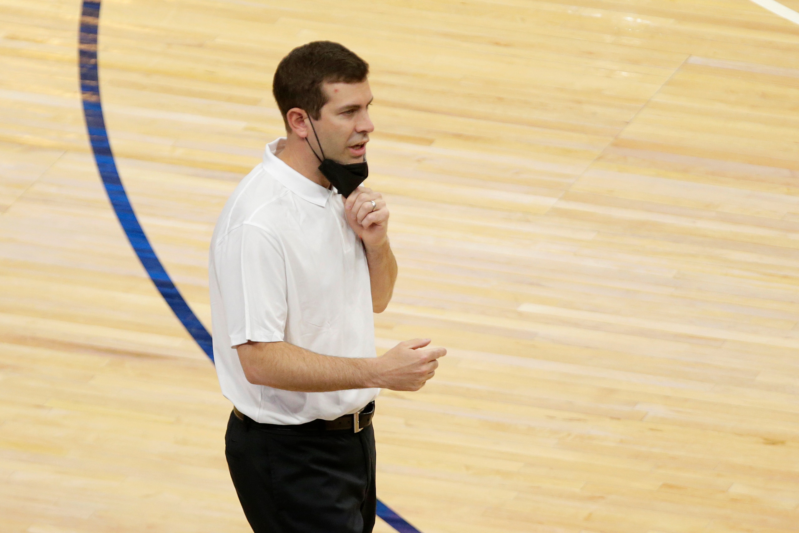 Boston Celtics head coach Brad Stevens gestures in the fourth quarter during an NBA basketball game against the Minnesota Timberwolves, Saturday, May 15, 2021, in Minneapolis. (AP Photo/Andy Clayton-King)