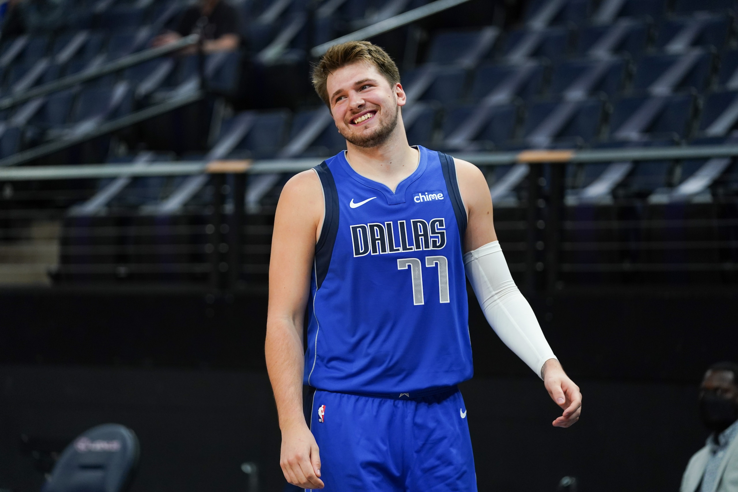 MINNEAPOLIS, MN - MAY 16: Luka Doncic #77 of the Dallas Mavericks smiles during the game against the Minnesota Timberwolves on May 16, 2021 at Target Center in Minneapolis, Minnesota. NOTE TO USER: User expressly acknowledges and agrees that, by downloading and or using this Photograph, user is consenting to the terms and conditions of the Getty Images License Agreement. Mandatory Copyright Notice: Copyright 2021 NBAE (Photo by Jordan Johnson/NBAE via Getty Images) MINNEAPOLIS, MN - MAY 16: Luka Doncic #77 of the Dallas Mavericks smiles during the game against the Minnesota Timberwolves on May 16, 2021 at Target Center in Minneapolis, Minnesota. NOTE TO USER: User expressly acknowledges and agrees that, by downloading and or using this Photograph, user is consenting to the terms and conditions of the Getty Images License Agreement. Mandatory Copyright Notice: Copyright 2021 NBAE (Photo by Jordan Johnson/NBAE via Getty Images)