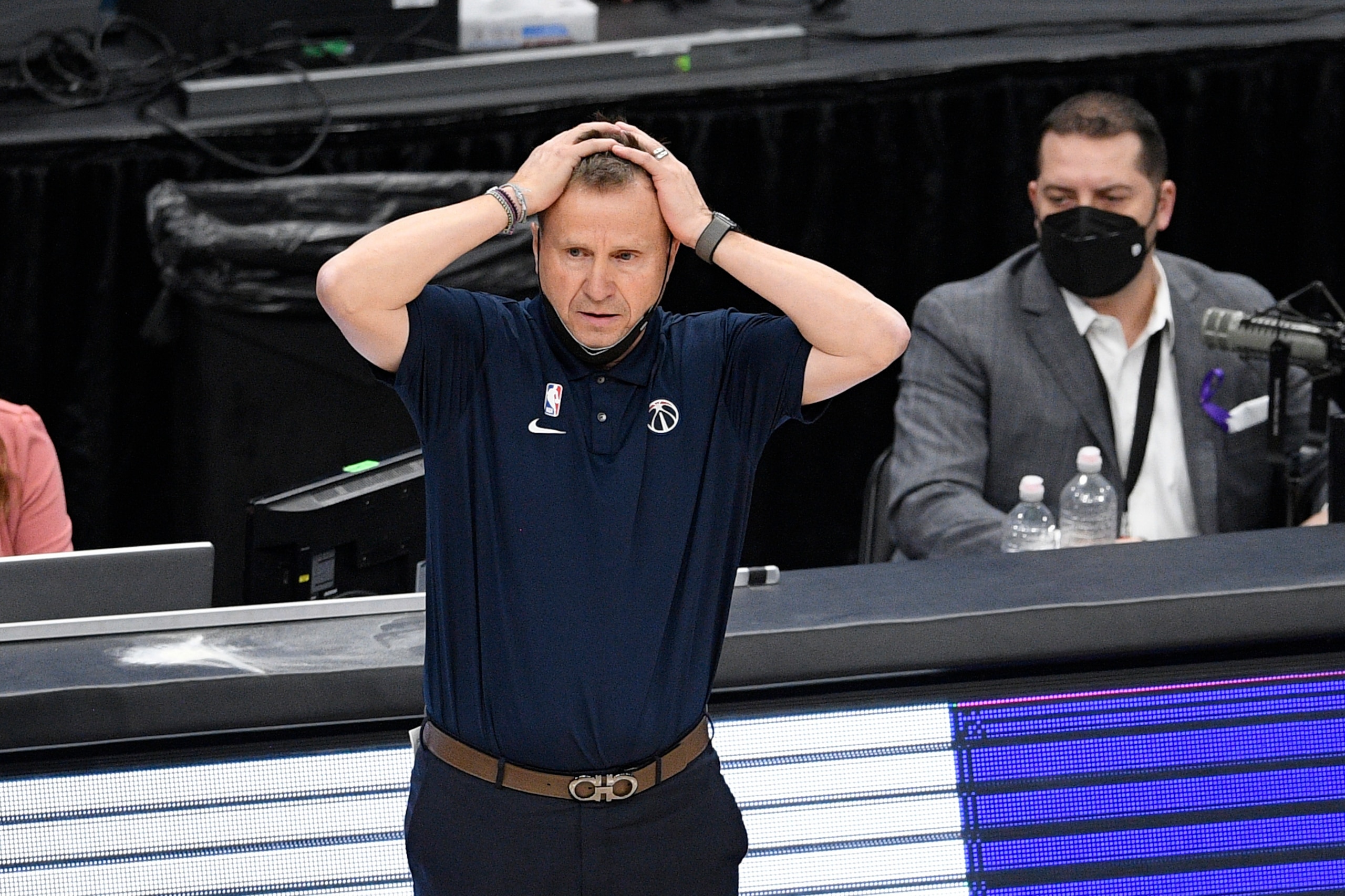 Washington Wizards head coach Scott Brooks reacts during the second half of an NBA basketball game against the Charlotte Hornets, Sunday, May 16, 2021, in Washington. (AP Photo/Nick Wass)