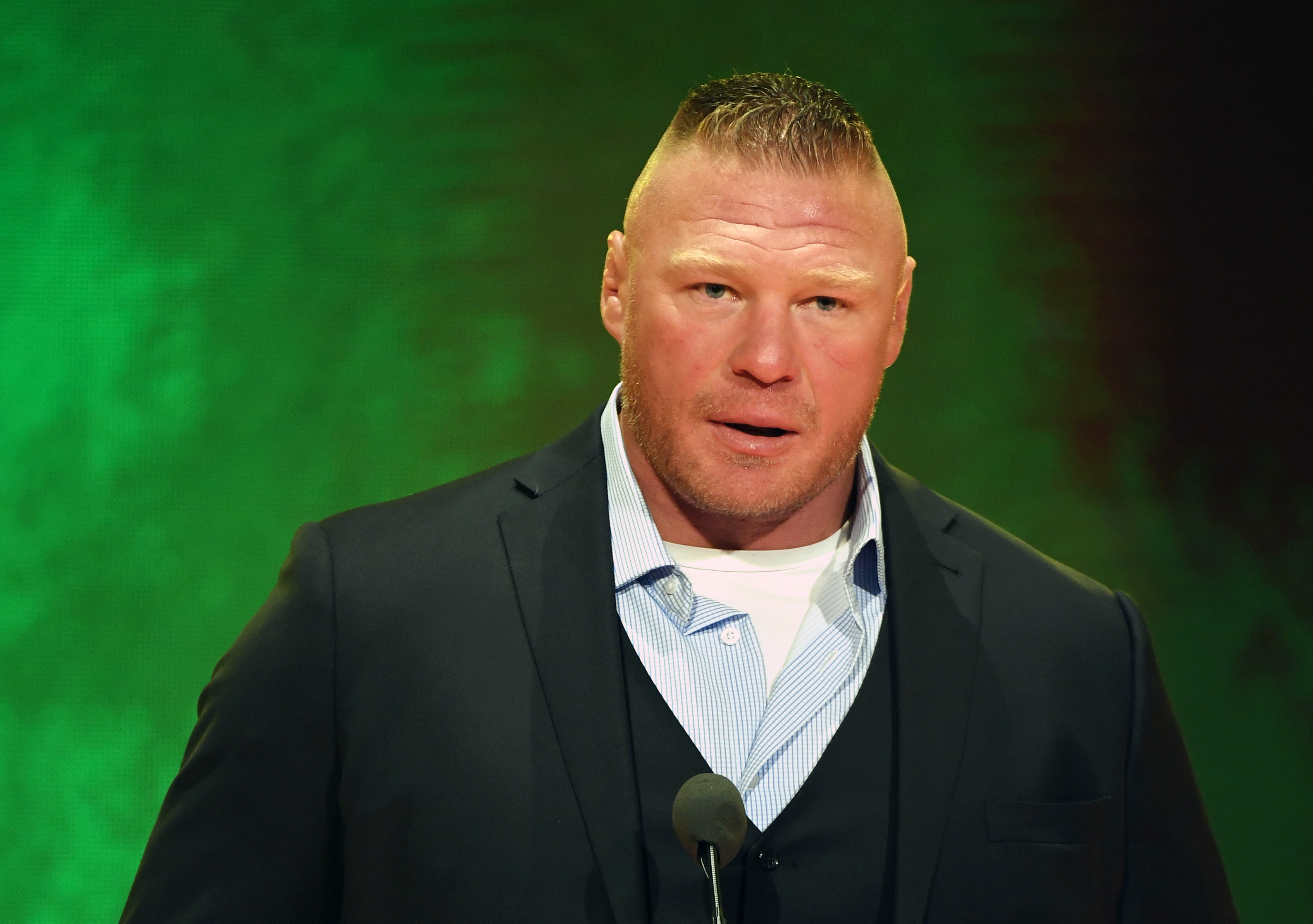 LAS VEGAS, NEVADA - OCTOBER 11:  WWE champion Brock Lesnar speaks during a WWE news conference at T-Mobile Arena on October 11, 2019 in Las Vegas, Nevada. Lesnar will face former UFC heavyweight champion Cain Velasquez and WWE wrestler Braun Strowman will take on heavyweight boxer Tyson Fury at the WWE's Crown Jewel event at Fahd International Stadium in Riyadh, Saudi Arabia on October 31.  (Photo by Ethan Miller/Getty Images)