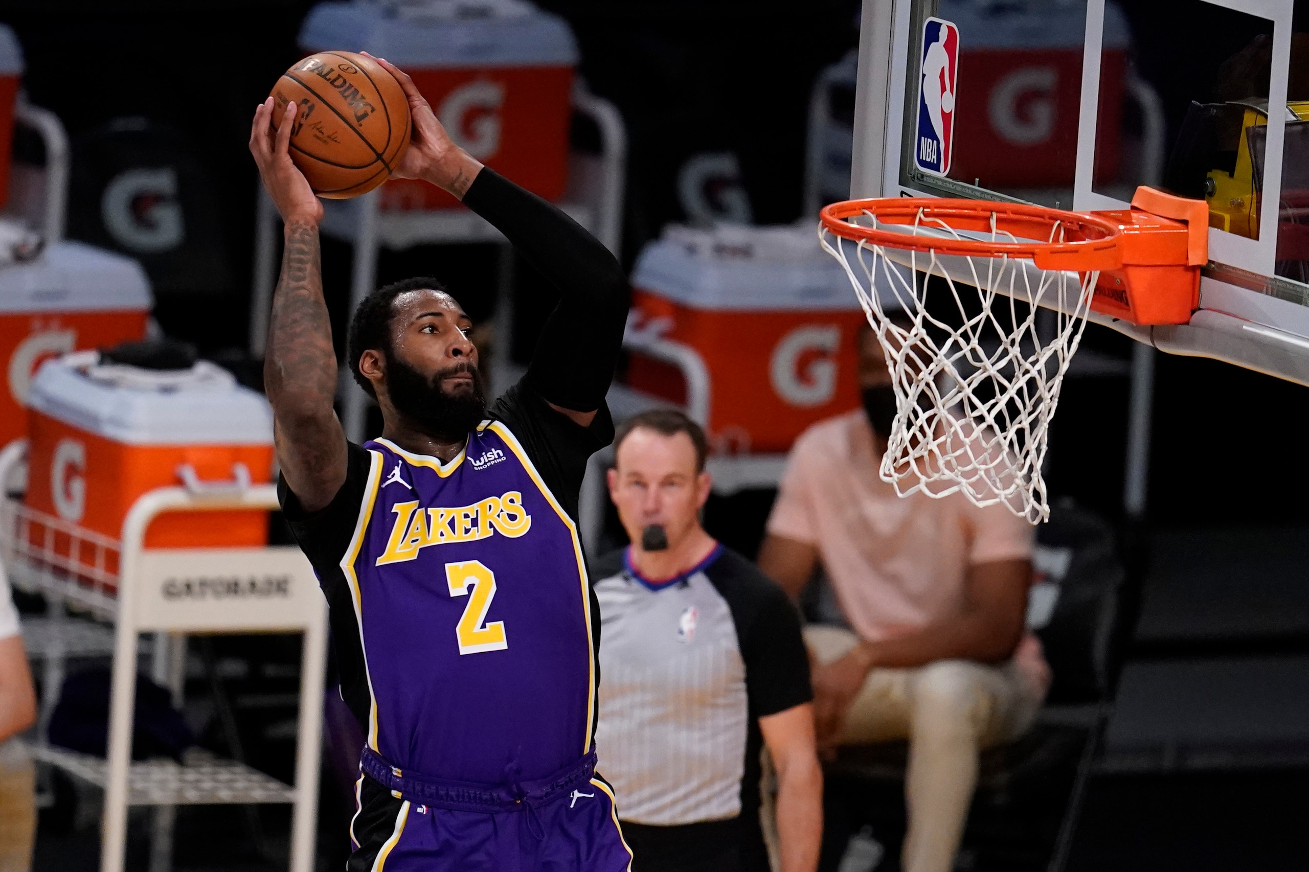 Los Angeles Lakers center Andre Drummond (2) dunks against the Sacramento Kings during the second half of an NBA basketball game Friday, April 30, 2021, in Los Angeles. (AP Photo/Marcio Jose Sanchez)