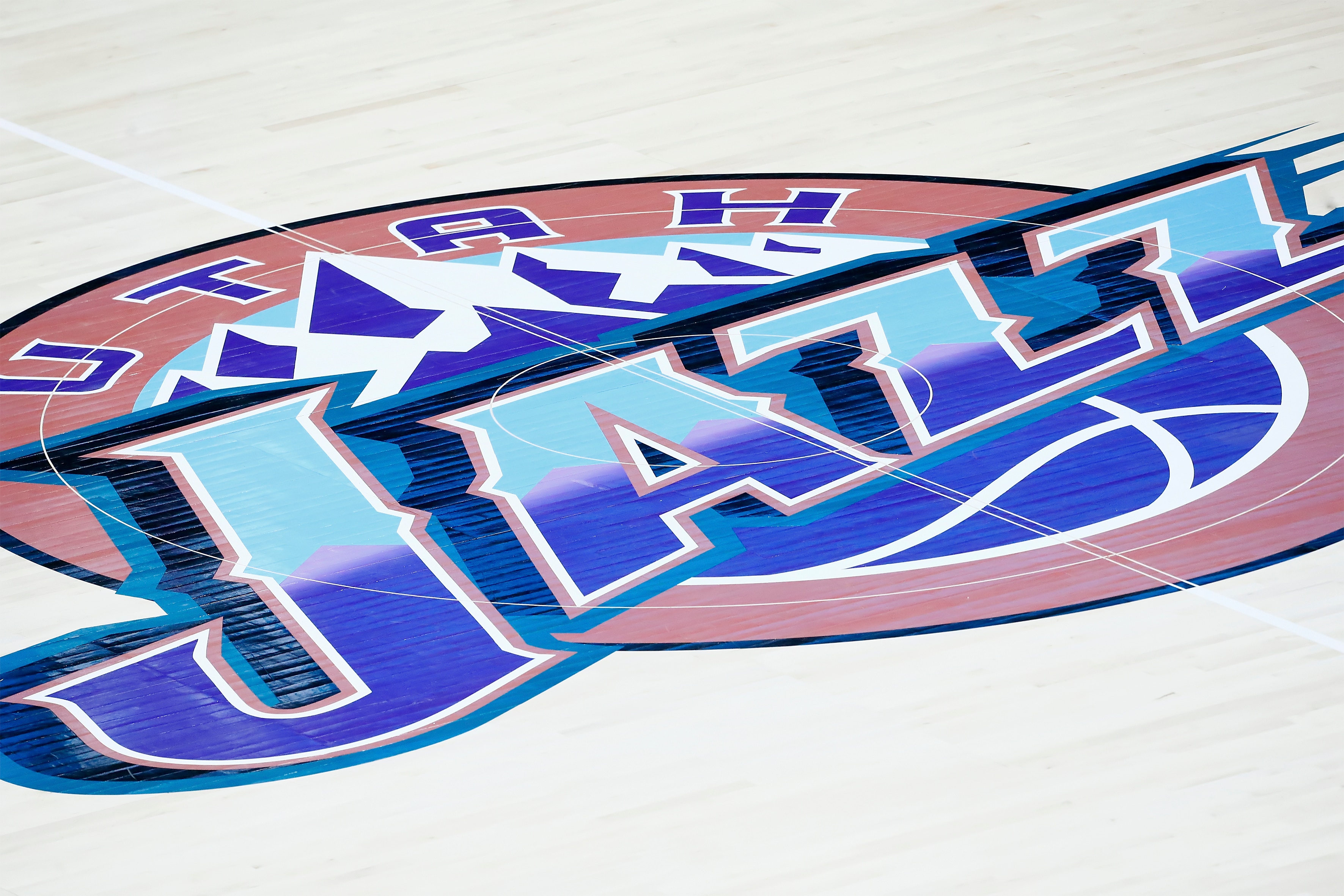 SALT LAKE CITY, UT - FEBRUARY 26: Close up of the Utah Jazz logo during a game at the Vivint Smart Home Arena on February 26, 2020 in Salt Lake City, UT. NOTE TO USER: User expressly acknowledges and agrees that, by downloading and or using this photograph, User is consenting to the terms and conditions of the Getty Images License Agreement. Mandatory Credit: 2020 NBAE (Photo by Chris Elise/NBAE via Getty Images)