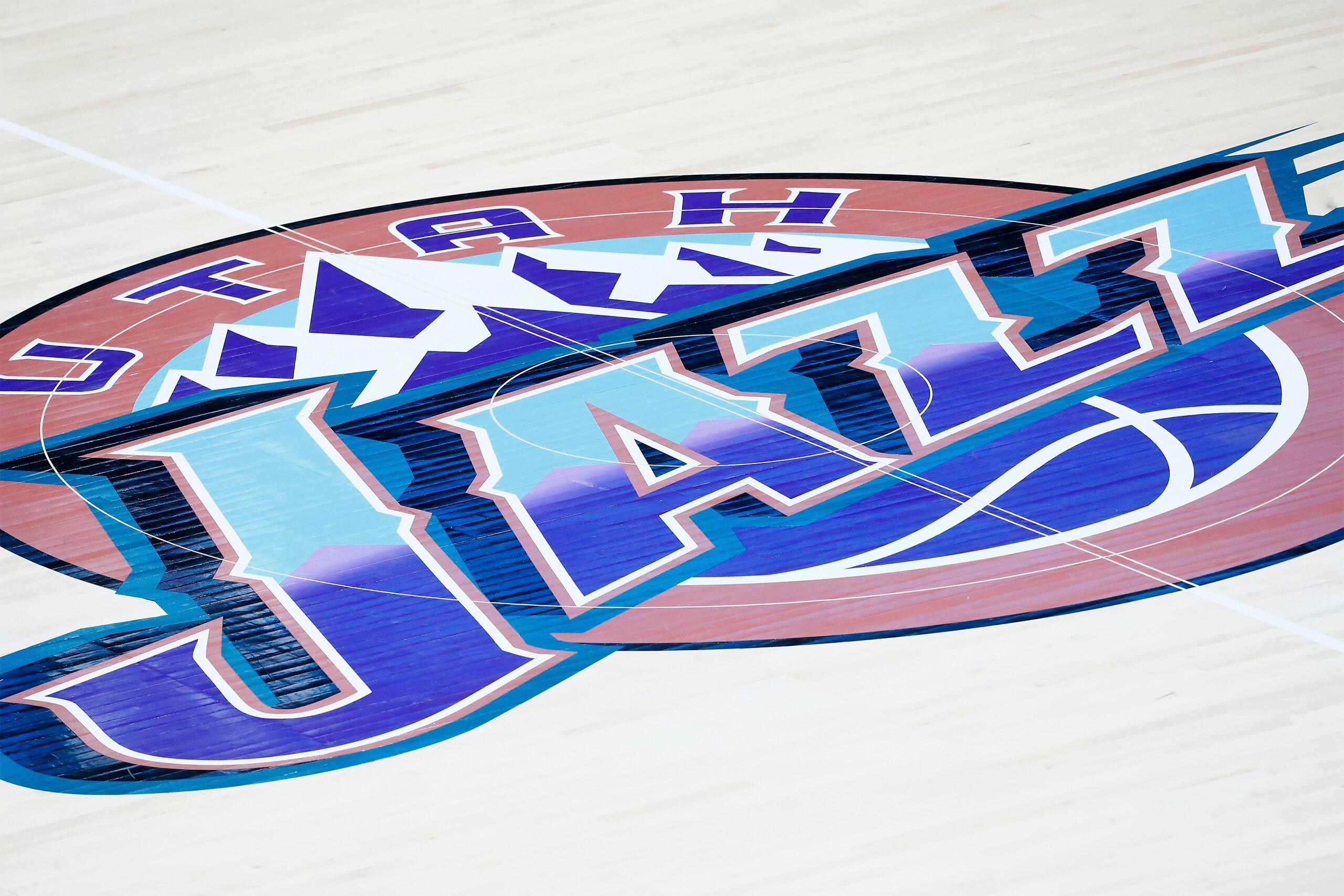 SALT LAKE CITY, UT - FEBRUARY 26: Close up of the Utah Jazz logo during a game at the Vivint Smart Home Arena on February 26, 2020 in Salt Lake City, UT. NOTE TO USER: User expressly acknowledges and agrees that, by downloading and or using this photograph, User is consenting to the terms and conditions of the Getty Images License Agreement. Mandatory Credit: 2020 NBAE (Photo by Chris Elise/NBAE via Getty Images)