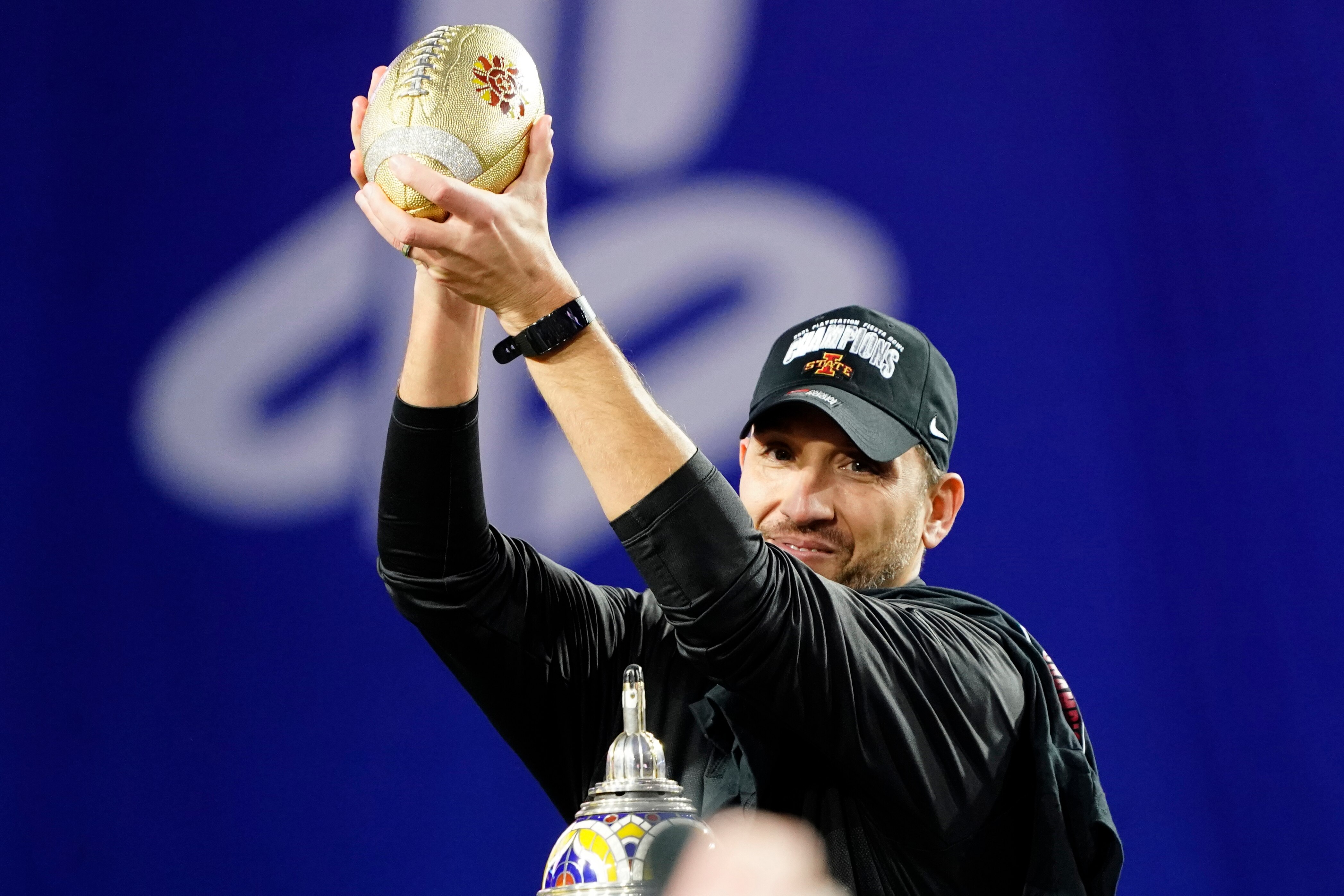 Iowa State head coach Matt Campbell during the first half of the Fiesta Bowl NCAA college football game against Oregon, Saturday, Jan. 2, 2021, in Glendale, Ariz. (AP Photo/Rick Scuteri)