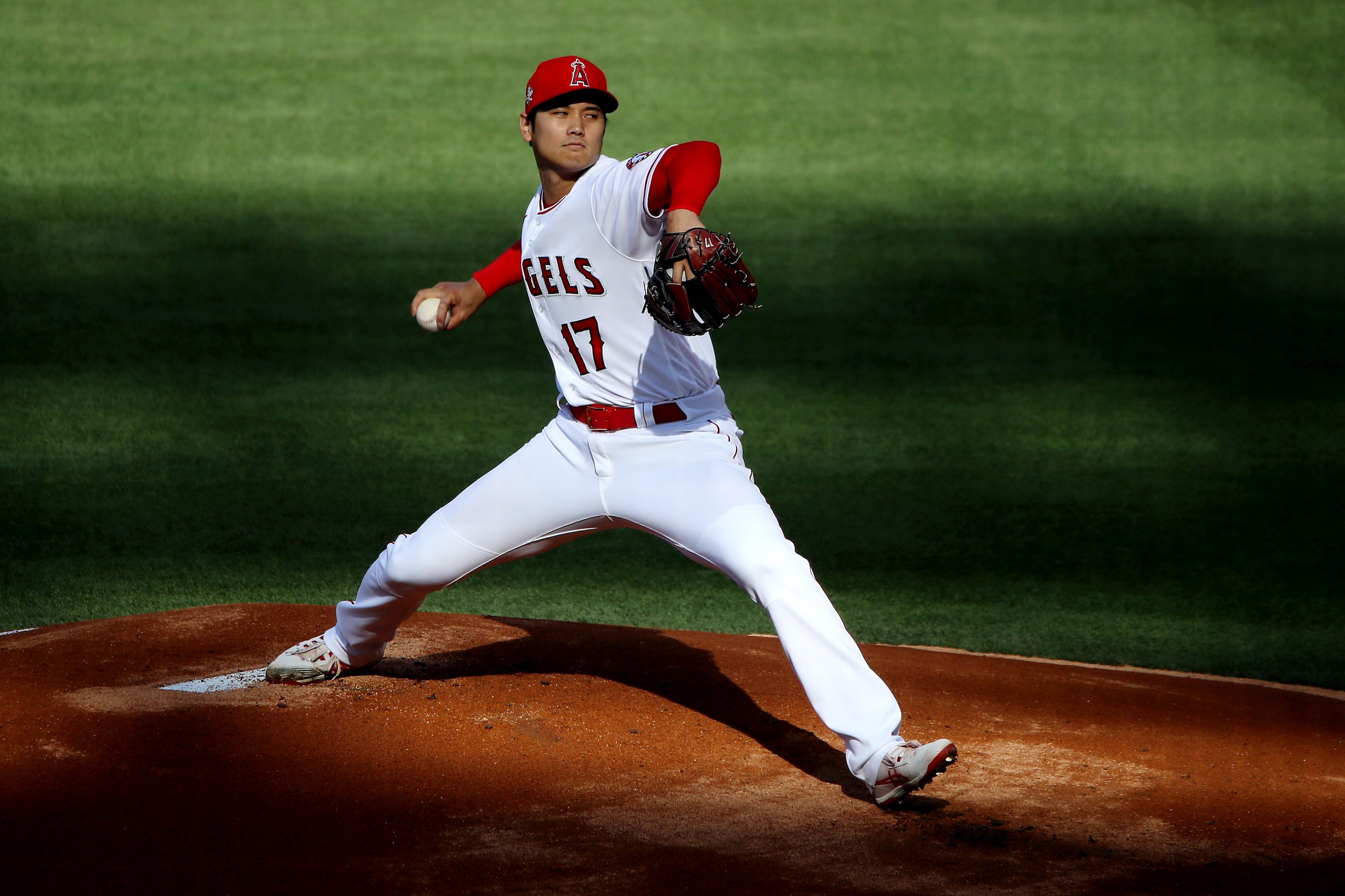 ANAHEIM, CALIFORNIA - MAY 19: Shohei Ohtani #17 of the Los Angeles Angels pitches against the Cleveland Indians during the first inning at Angel Stadium of Anaheim on May 19, 2021 in Anaheim, California. (Photo by Katelyn Mulcahy/Getty Images)