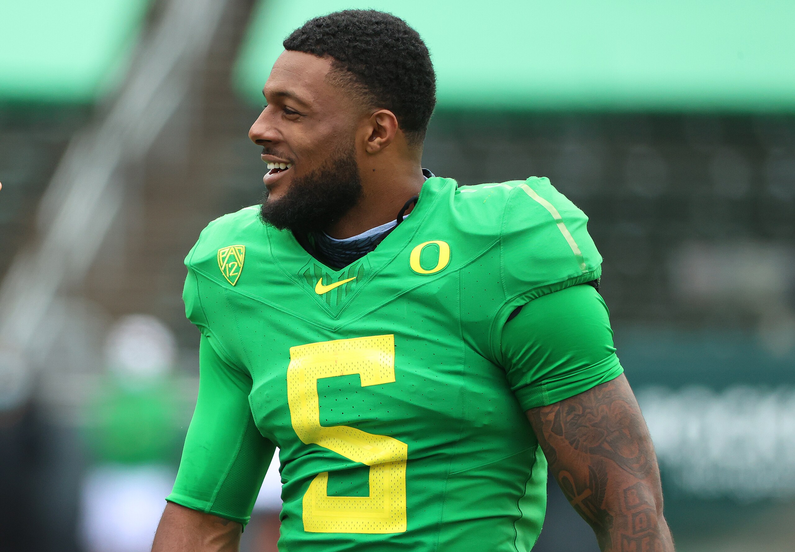 EUGENE, OREGON - MAY 01: Kayvon Thibodeaux #5 of the Oregon Ducks looks on in the third quarter during the Oregon spring game at Autzen Stadium on May 01, 2021 in Eugene, Oregon. (Photo by Abbie Parr/Getty Images)