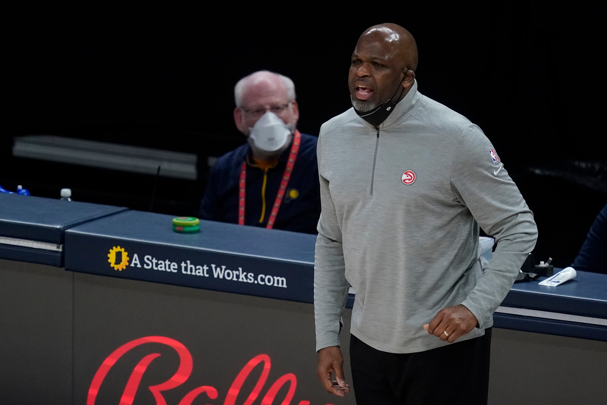 Atlanta Hawks head coach Nate McMillan in action during the first half of an NBA basketball game against the Indiana Pacers, Thursday, May 6, 2021, in Indianapolis. (AP Photo/Darron Cummings)